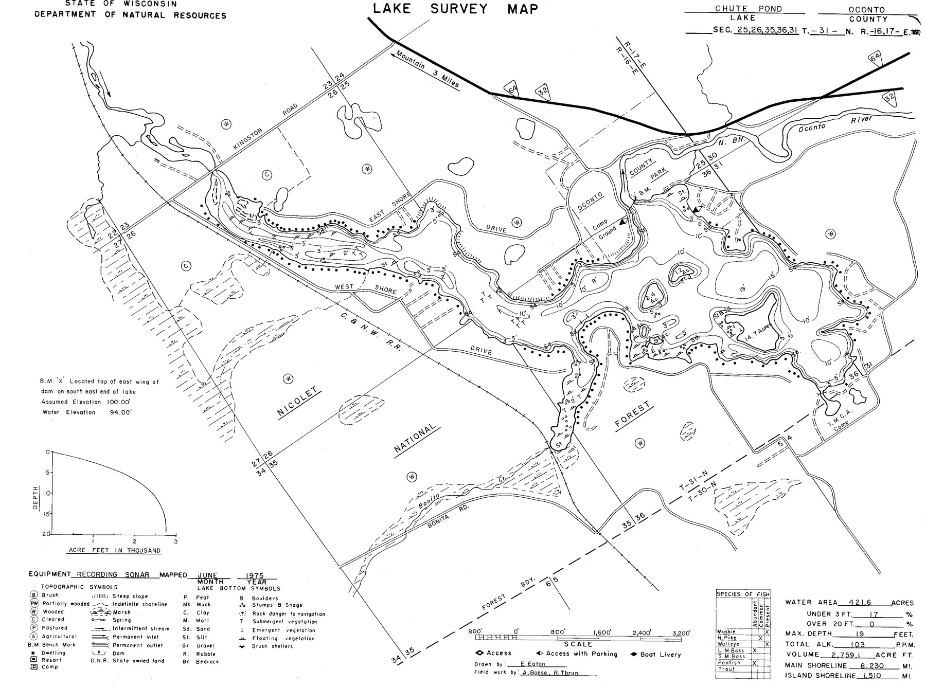 Chute Pond historical Wisconsin DNR depth map sheet 1