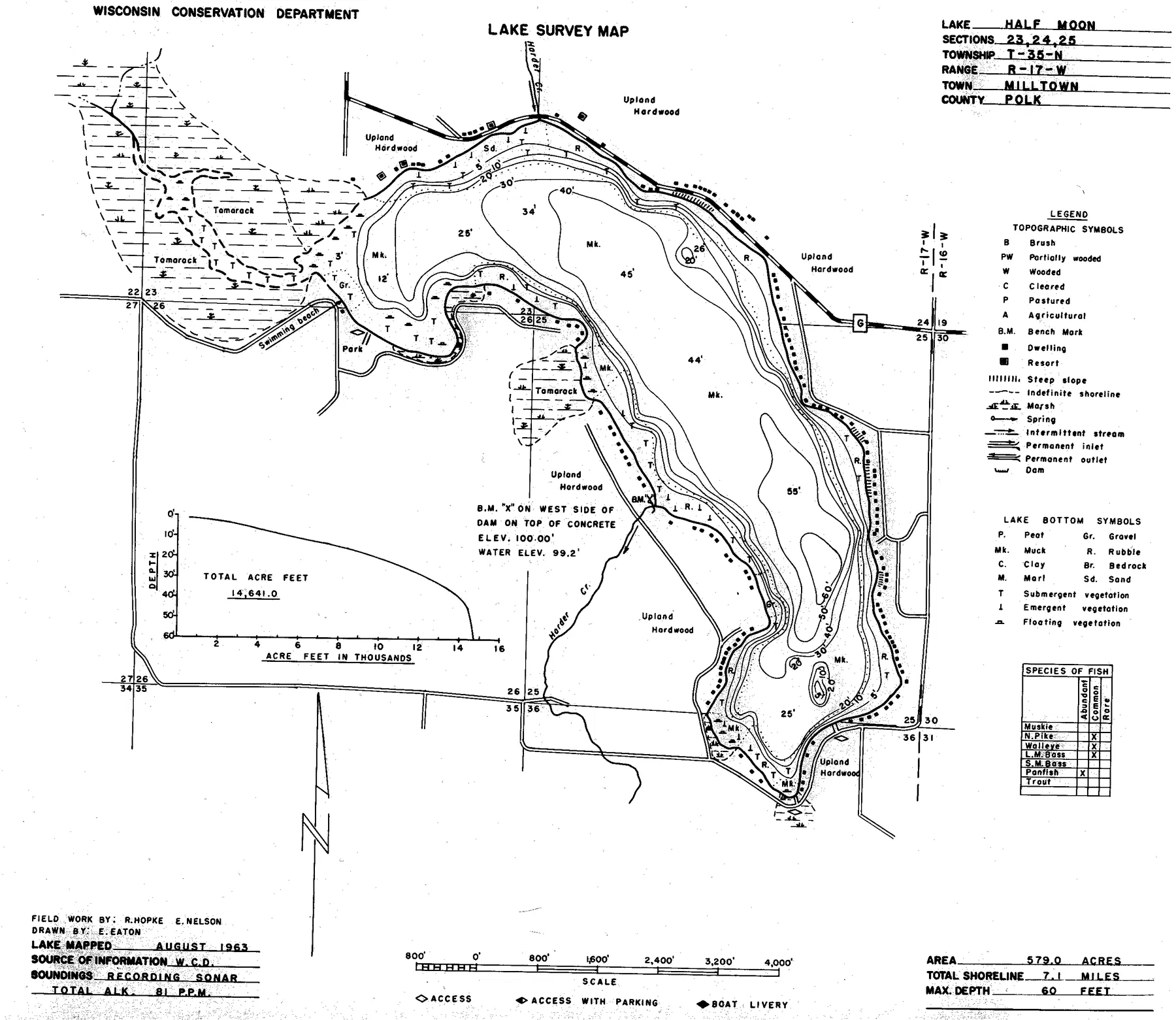 Half Moon Lake historical Wisconsin DNR depth map sheet 1