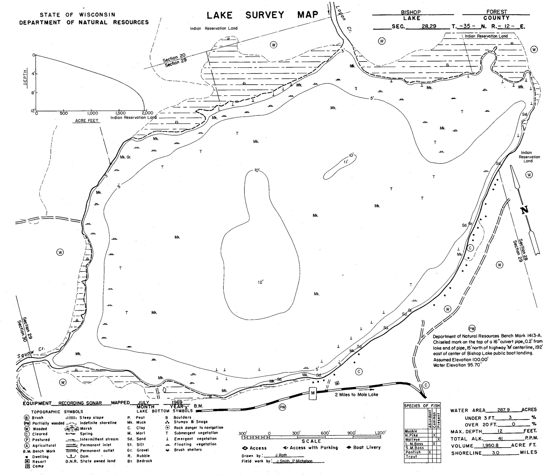 Bishop Lake historical Wisconsin DNR depth map sheet 1