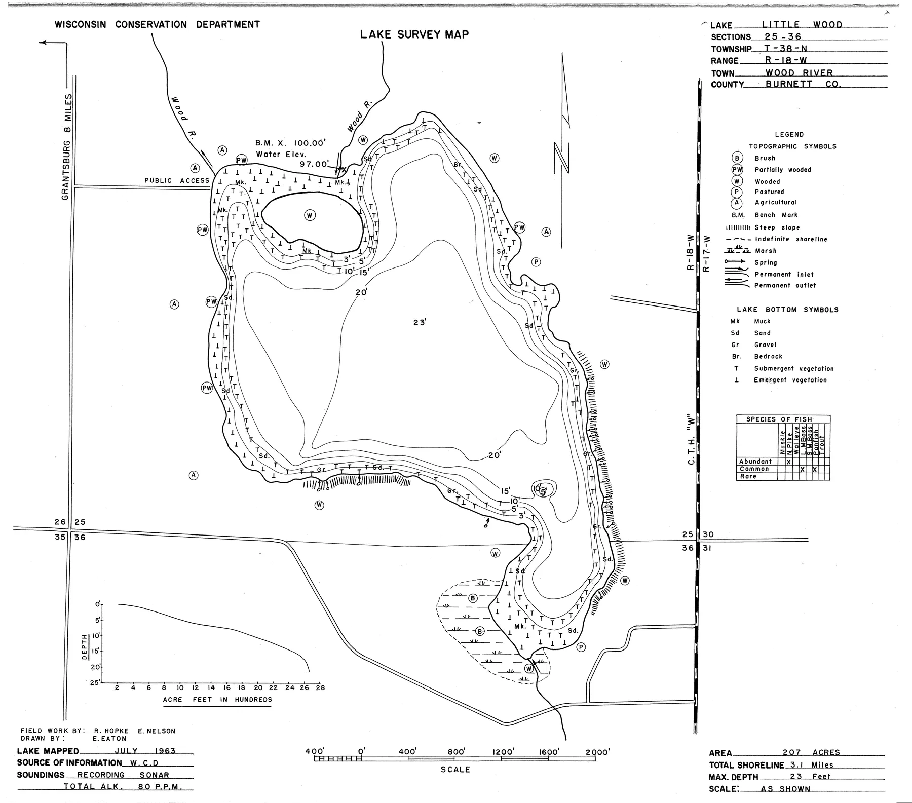 Little Wood Lake historical Wisconsin DNR depth map sheet 1