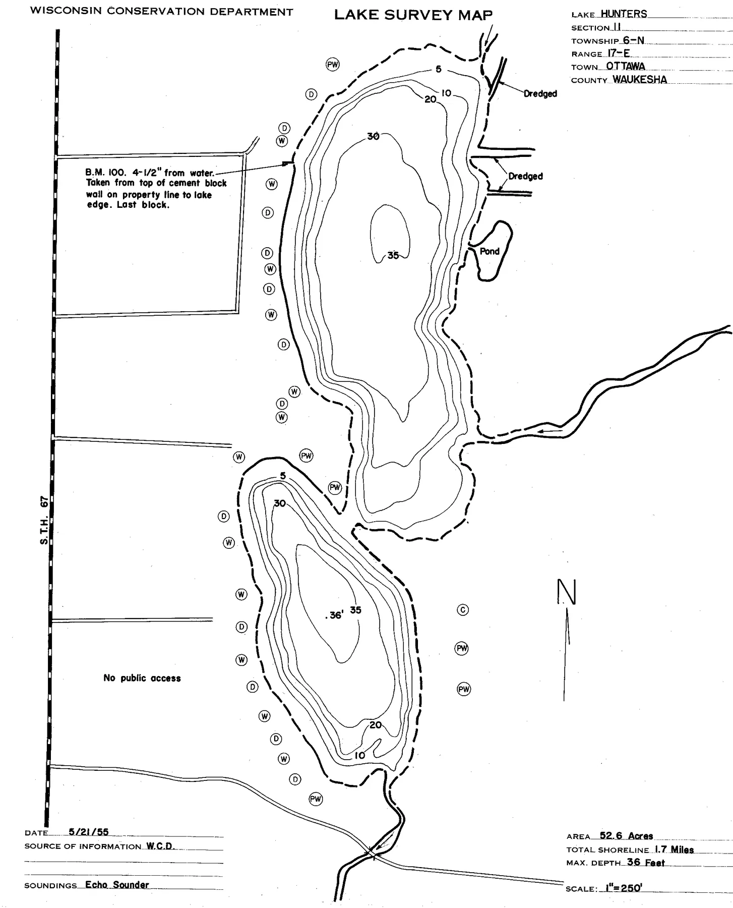 Hunters Lake historical Wisconsin DNR depth map sheet 1