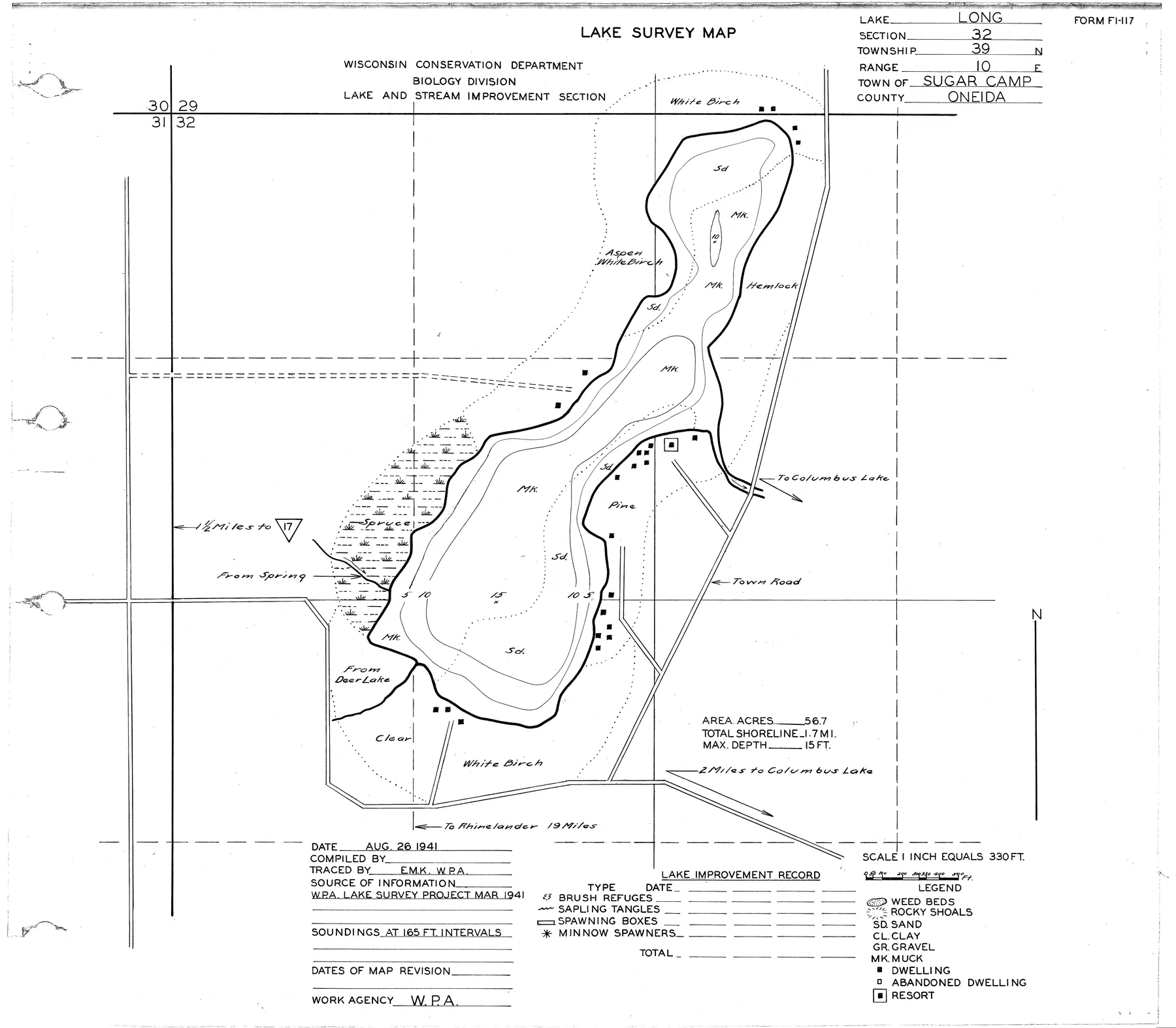 Long Lake historical Wisconsin DNR depth map sheet 1