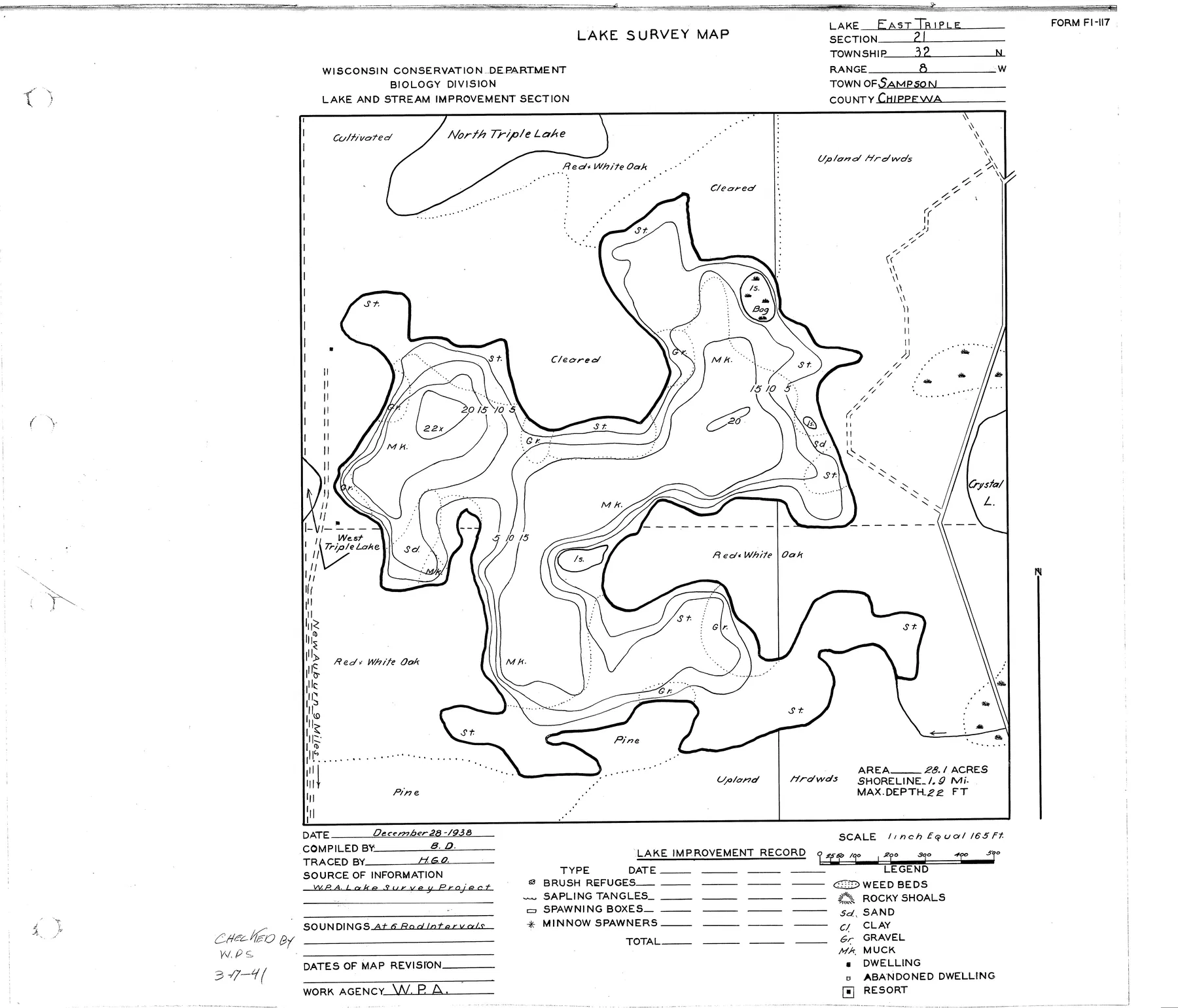 Triple Lakes historical Wisconsin DNR depth map sheet 1