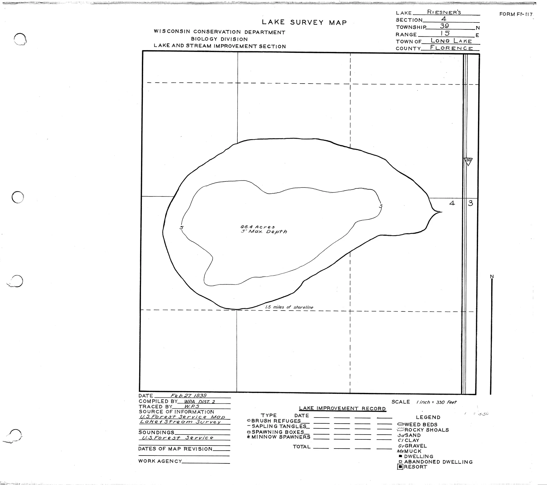Reisner Lake historical Wisconsin DNR depth map sheet 1