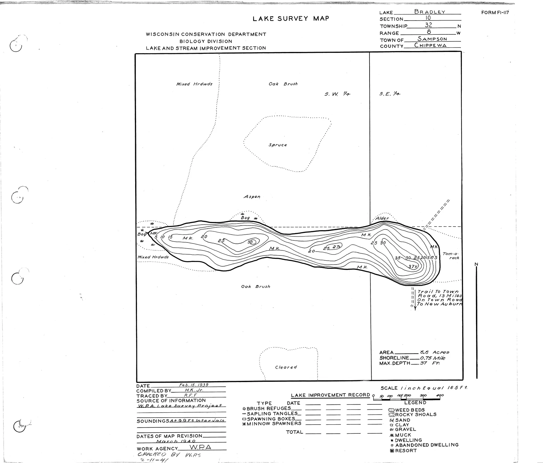 Bradley Lake historical Wisconsin DNR depth map sheet 1