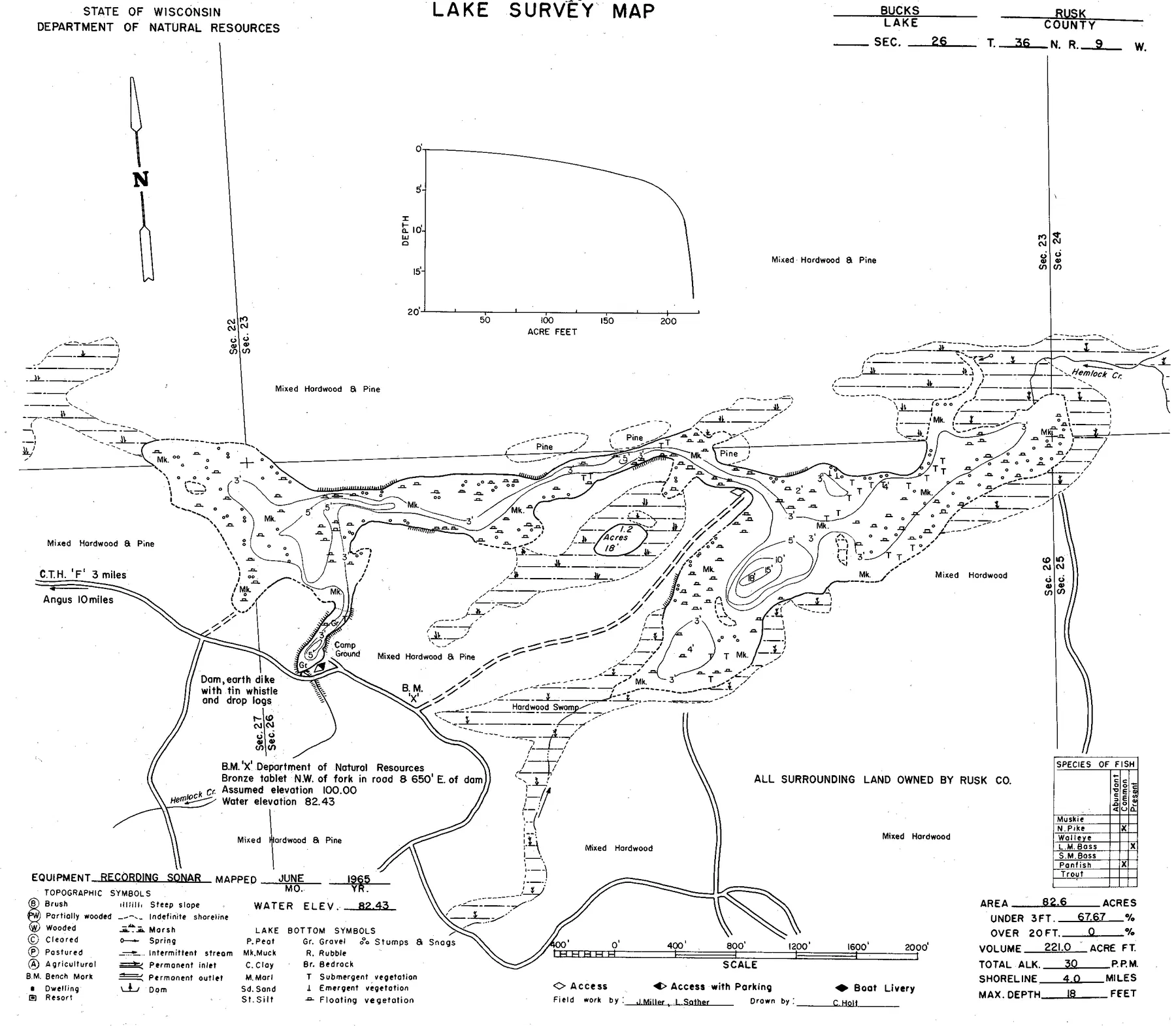 Bucks Lake historical Wisconsin DNR depth map sheet 1