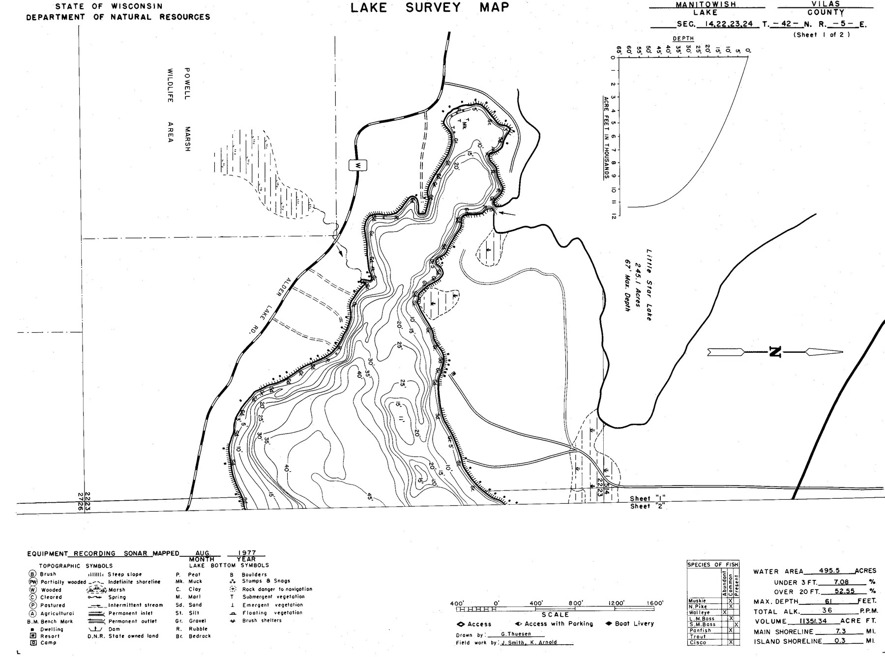 Manitowish Lake historical Wisconsin DNR depth map sheet 1