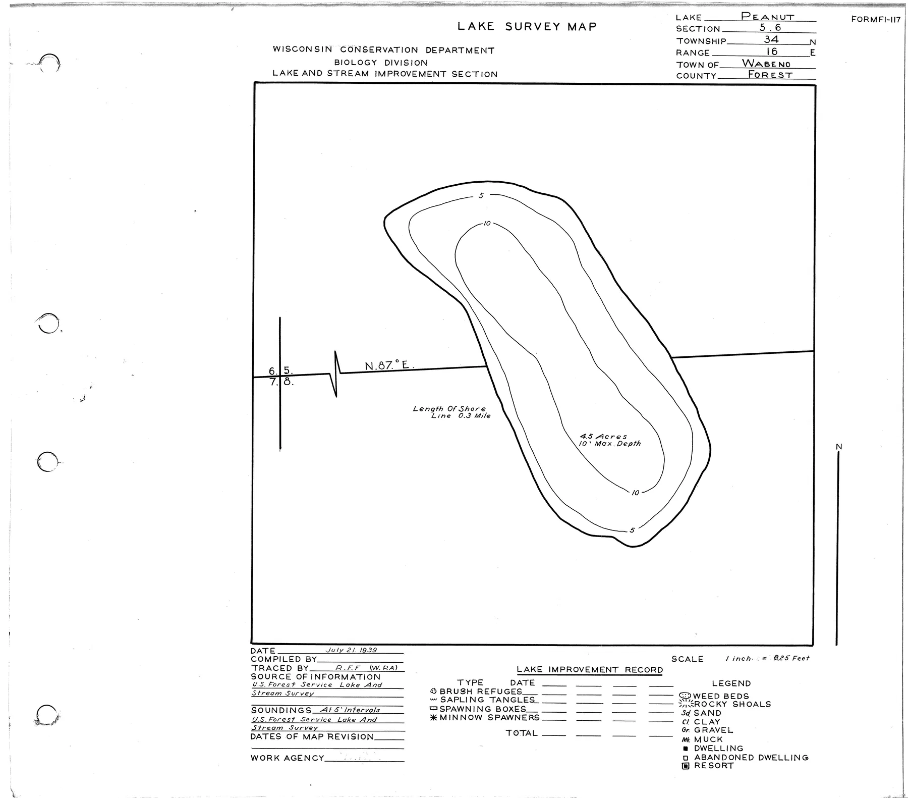 Peanut Lake historical Wisconsin DNR depth map sheet 1