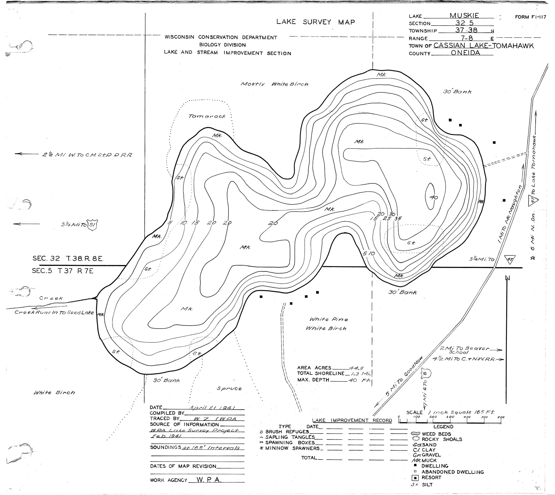 Muskie Lake historical Wisconsin DNR depth map sheet 1