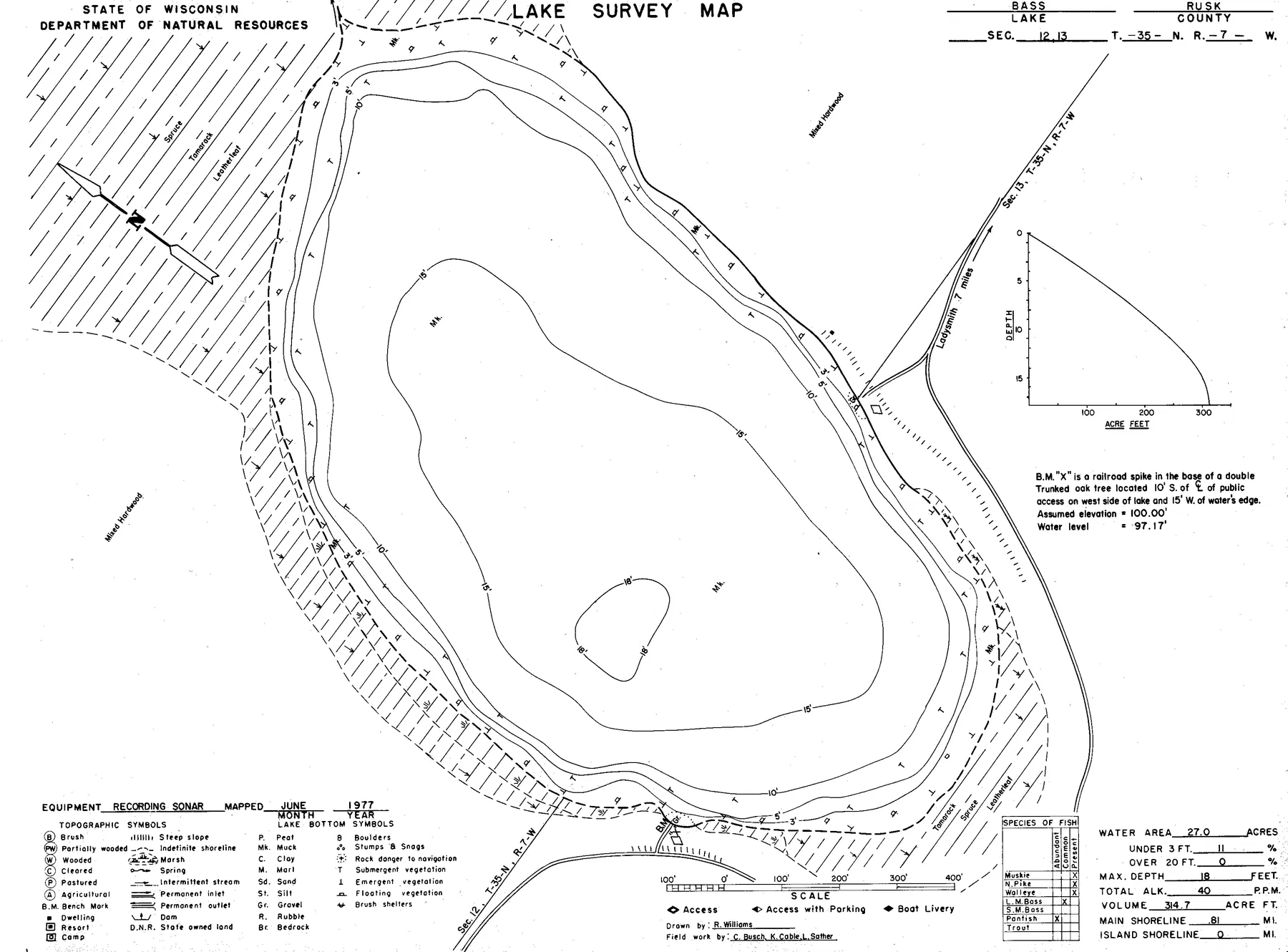 Bass Lake historical Wisconsin DNR depth map sheet 1