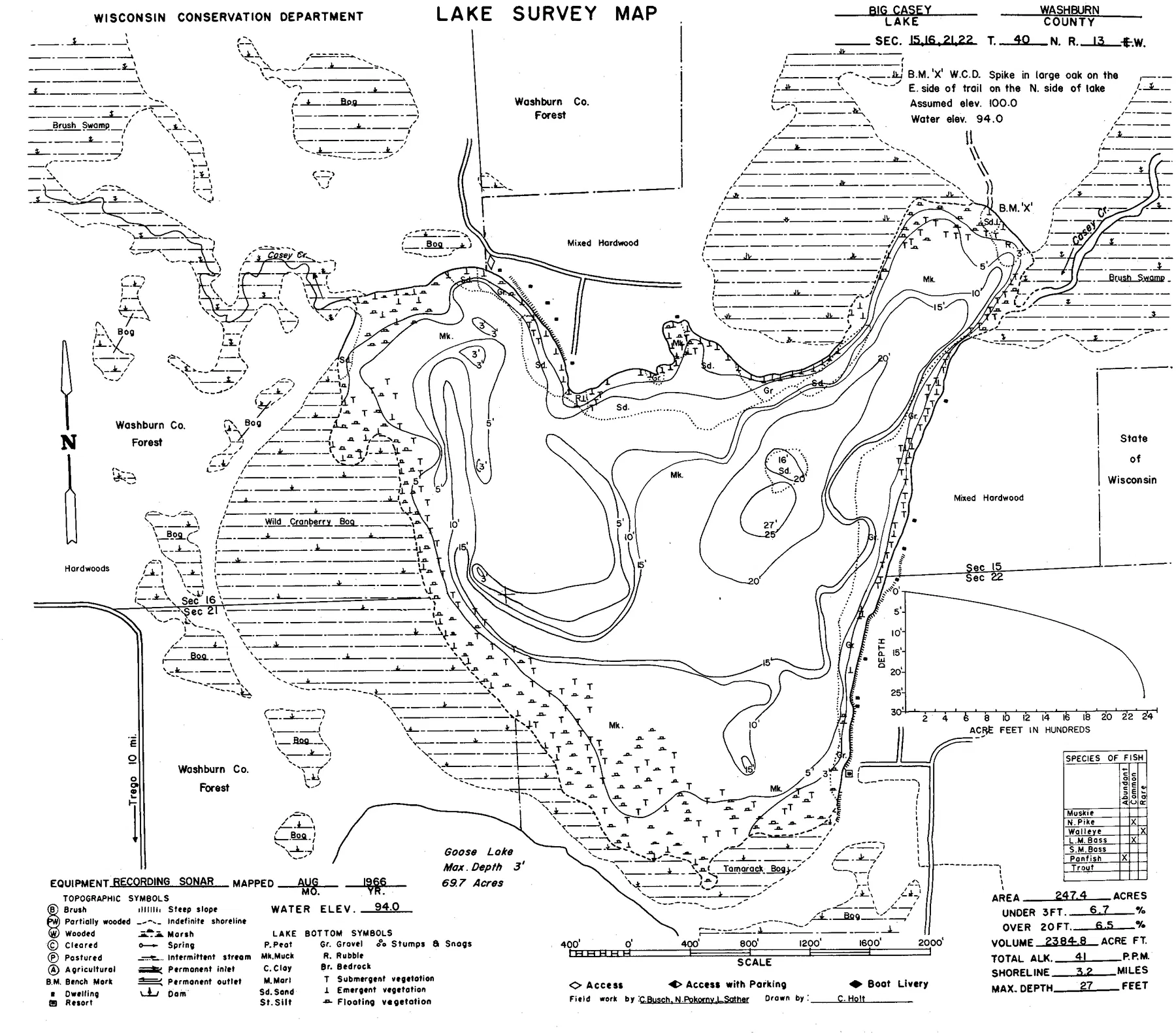 Casey Lake historical Wisconsin DNR depth map sheet 1