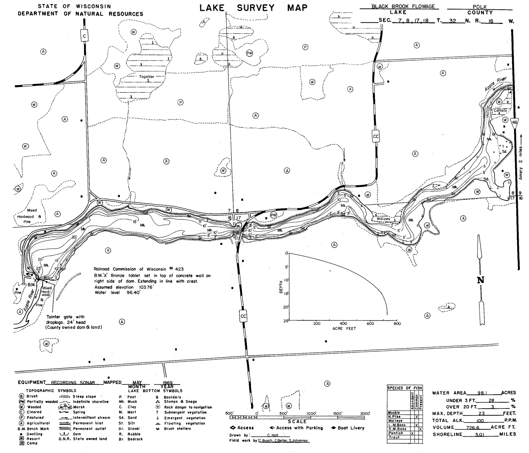 Black Brook Flowage historical Wisconsin DNR depth map sheet 1