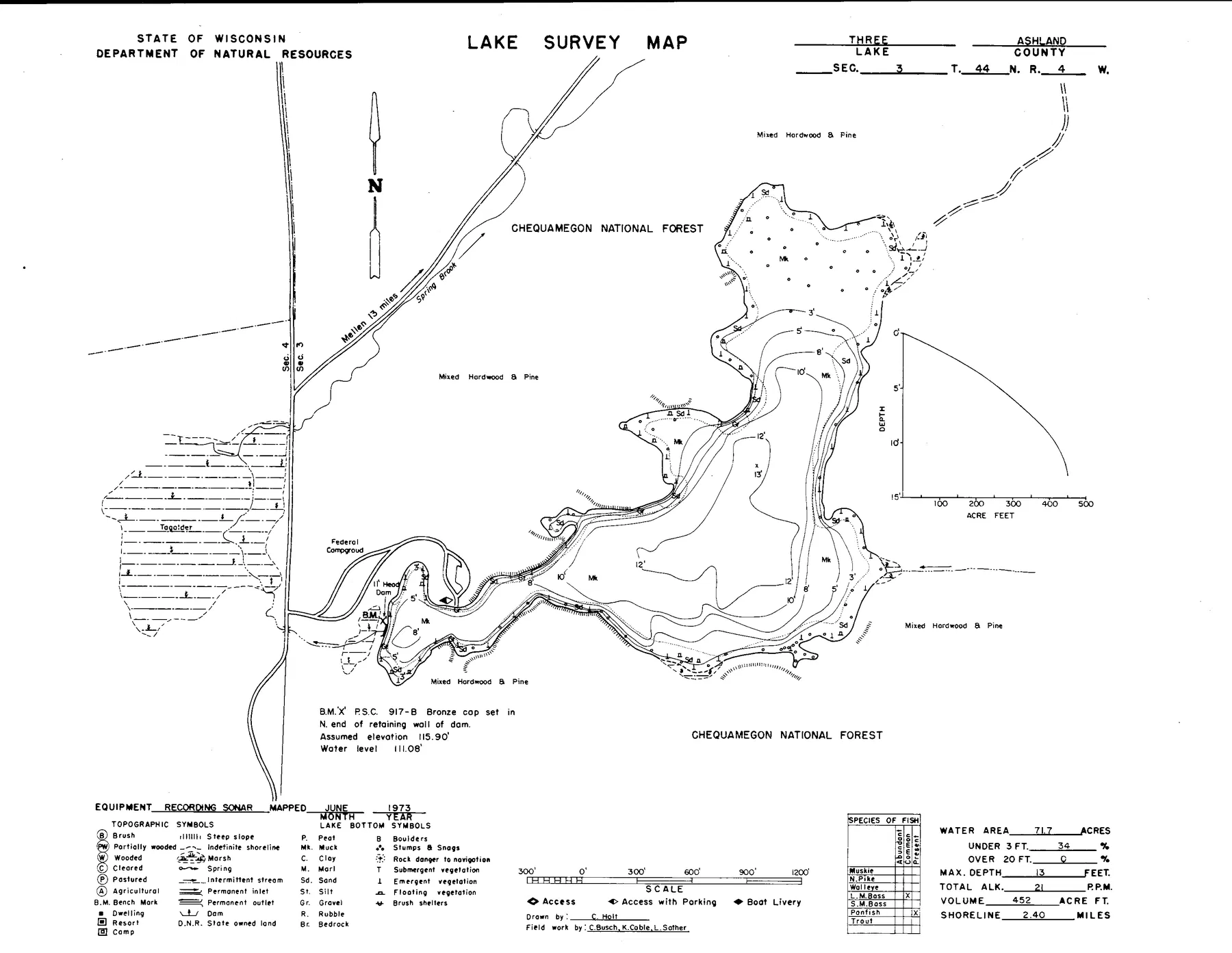 Lake Three historical Wisconsin DNR depth map sheet 1