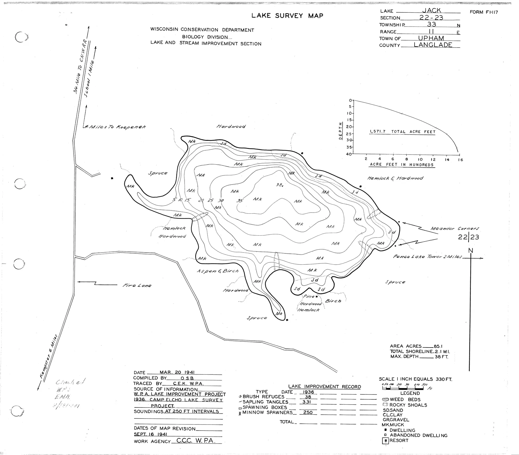 Kuehn Lake historical Wisconsin DNR depth map sheet 1