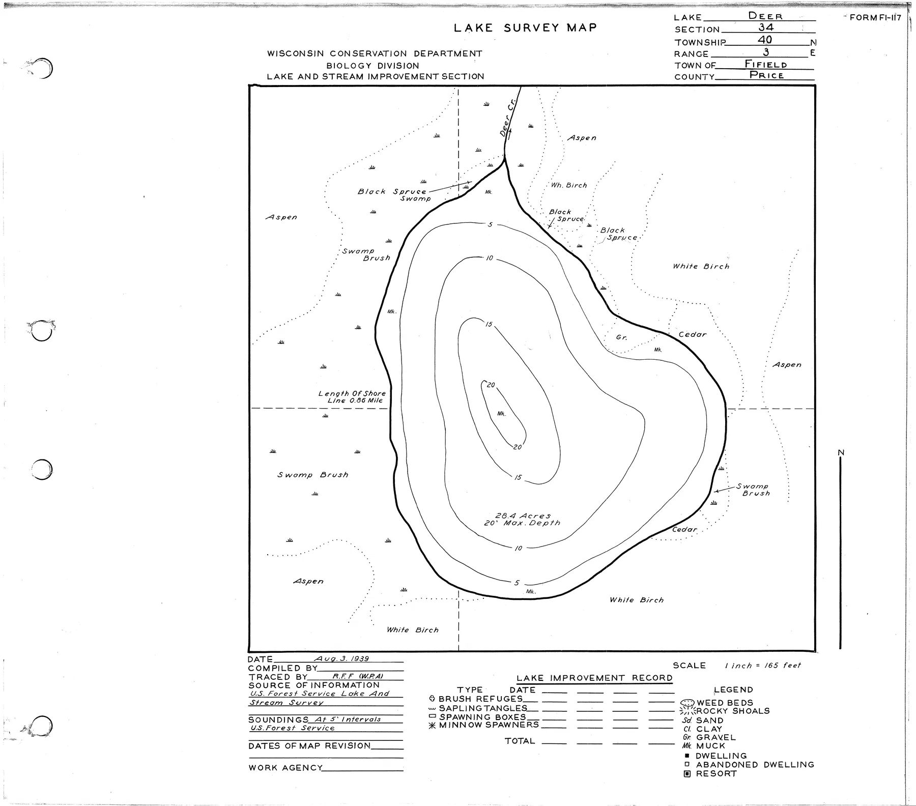 Deer Lake historical Wisconsin DNR depth map sheet 1