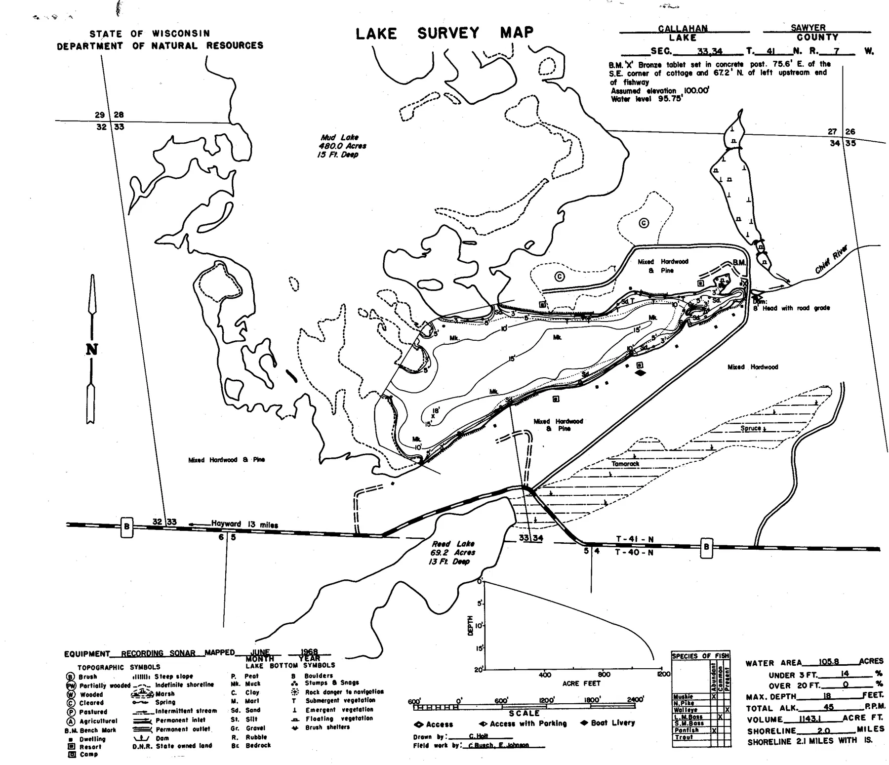 Callahan Lake historical Wisconsin DNR depth map sheet 1
