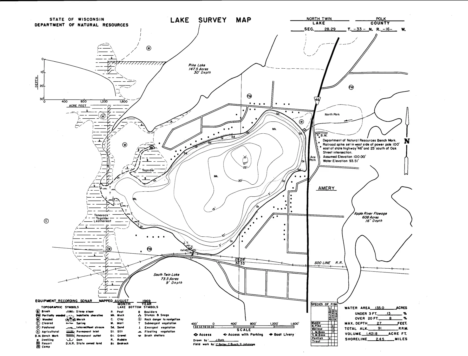 North Twin Lake historical Wisconsin DNR depth map sheet 1