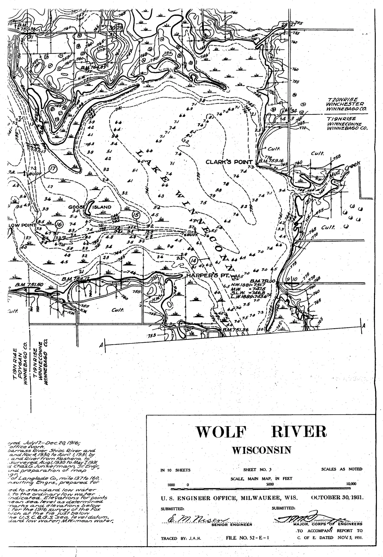 Lake Winneconne historical Wisconsin DNR depth map sheet 1