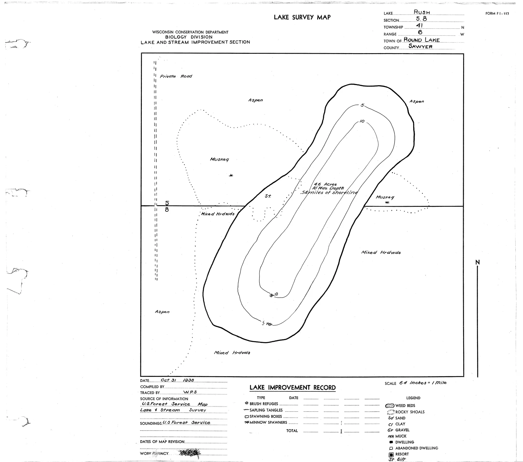 Rush Lake historical Wisconsin DNR depth map sheet 1