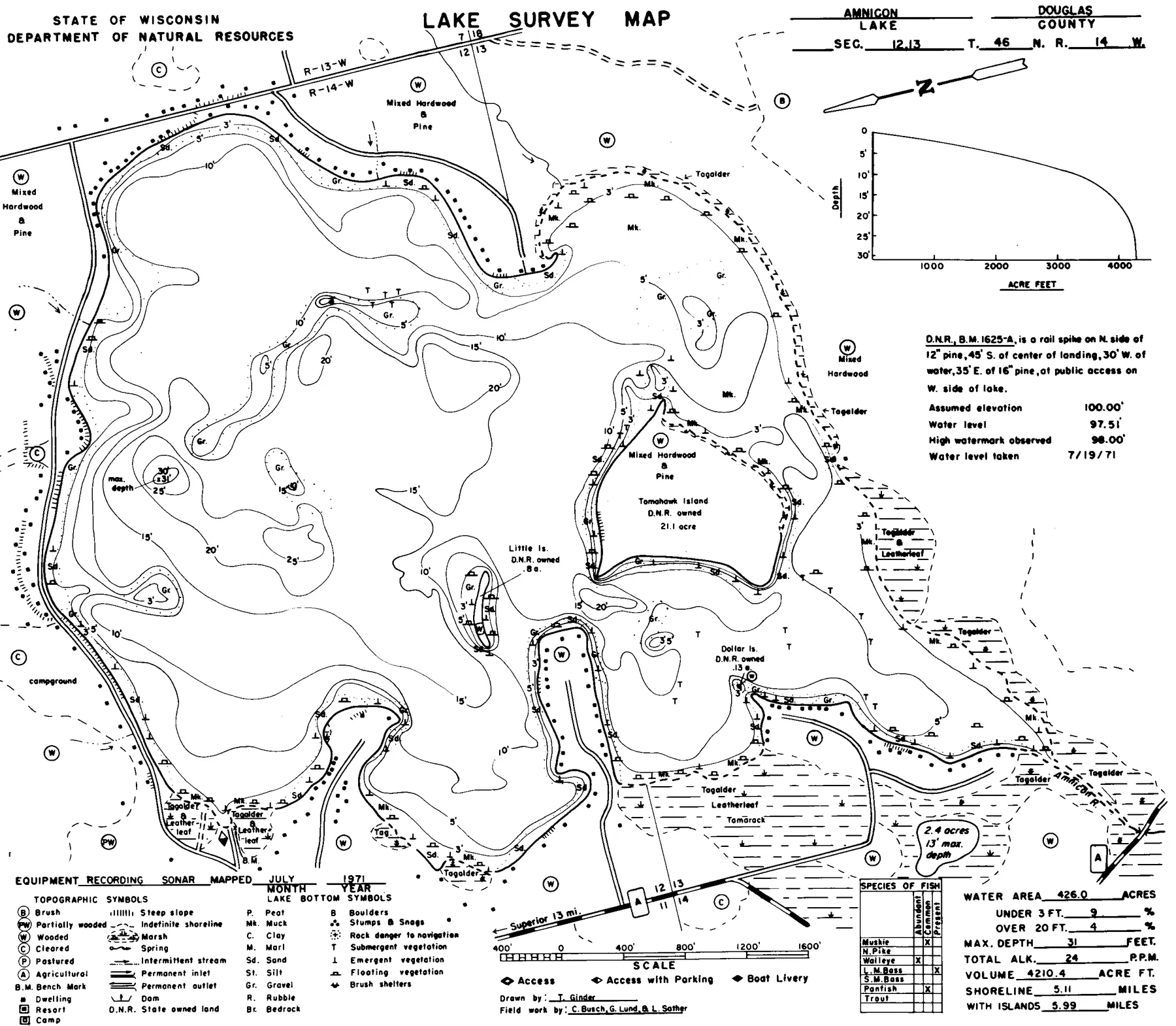 Amnicon Lake historical Wisconsin DNR depth map sheet 1
