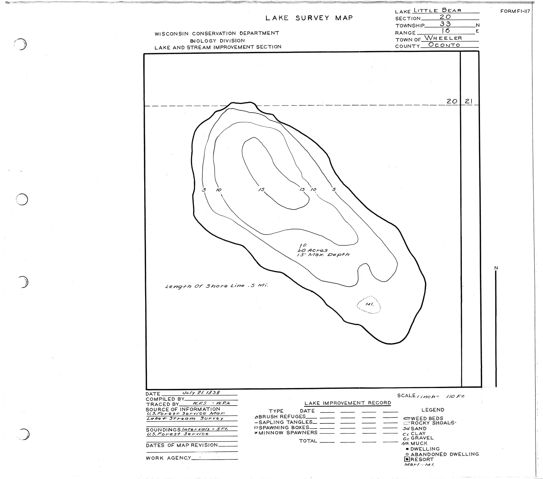 Little Bear Lake historical Wisconsin DNR depth map sheet 1