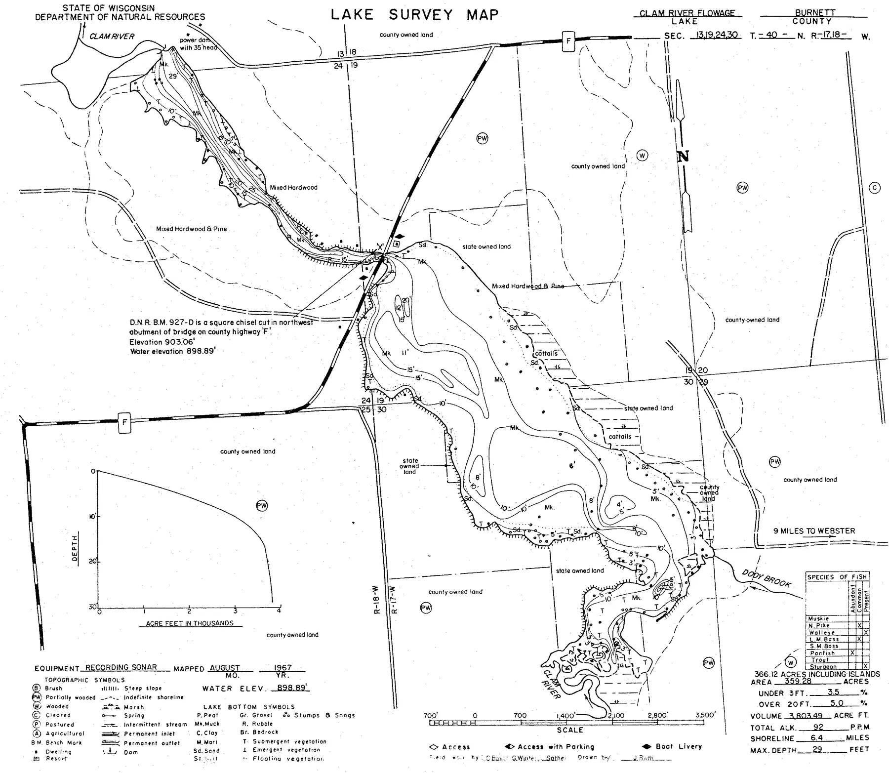 Clam River Flowage historical Wisconsin DNR depth map sheet 1