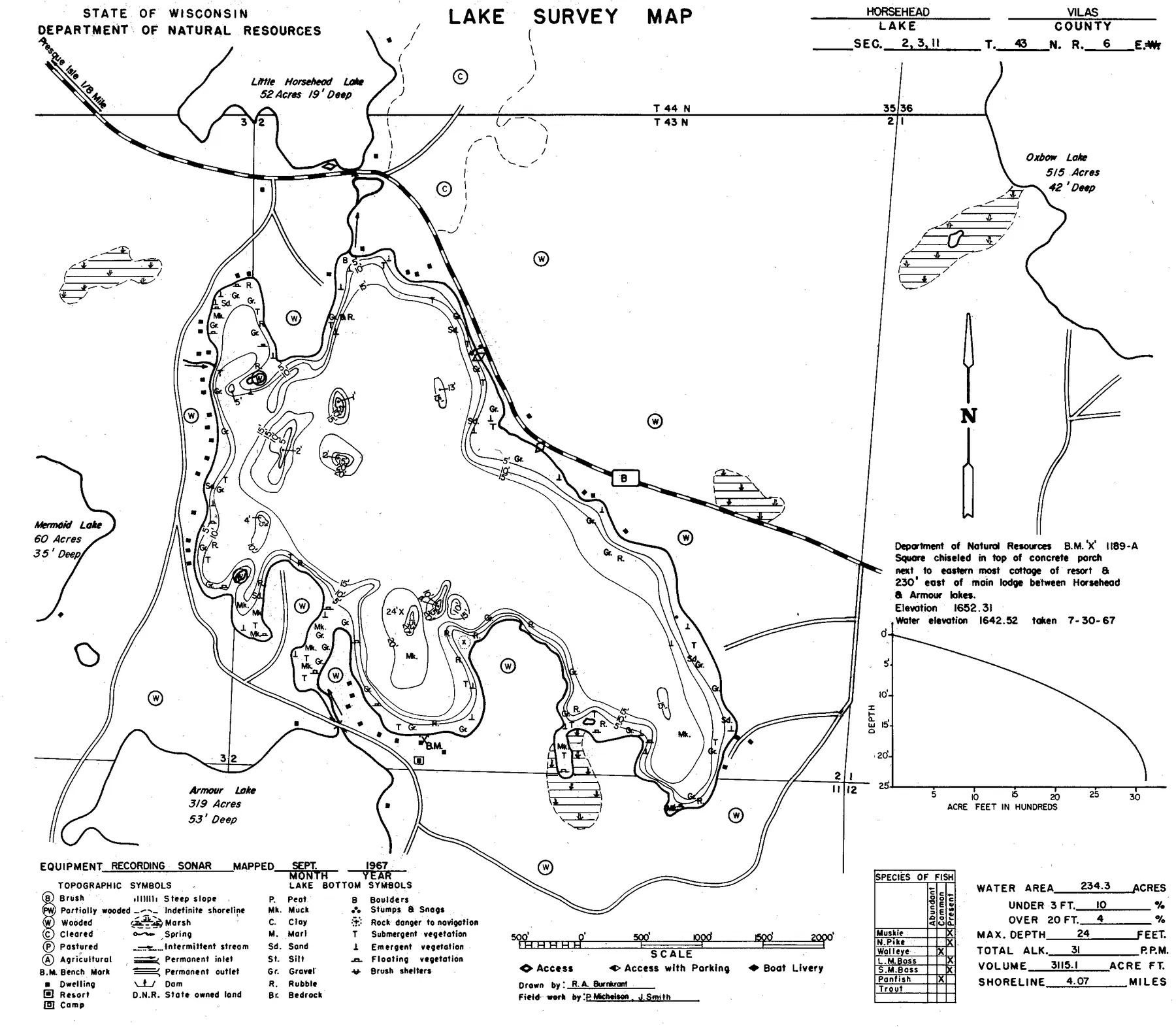 Horsehead Lake historical Wisconsin DNR depth map sheet 1