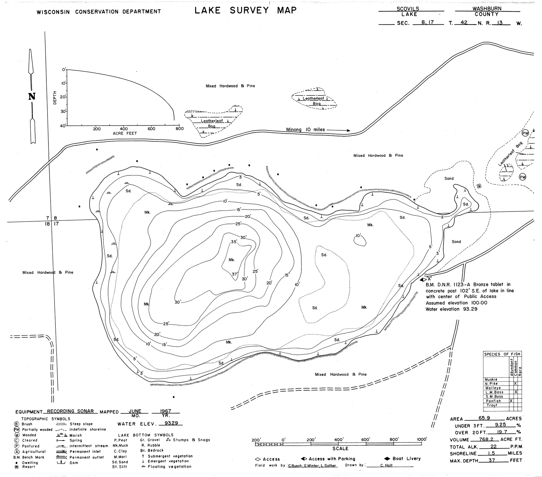 Scovils Lake historical Wisconsin DNR depth map sheet 1