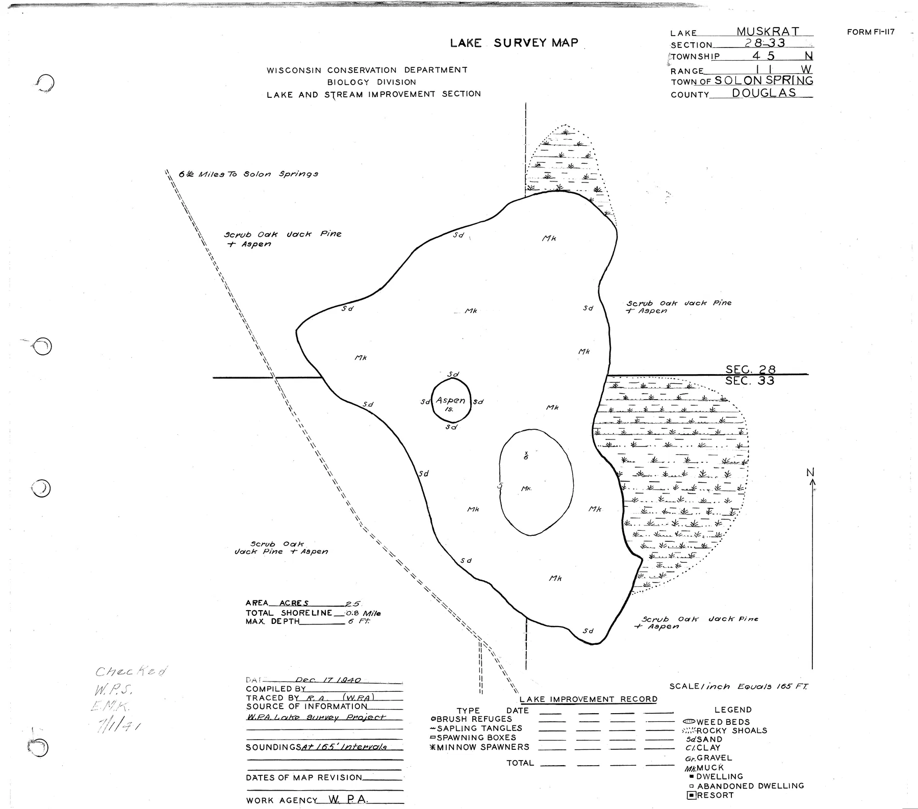 Muskrat Lake historical Wisconsin DNR depth map sheet 1