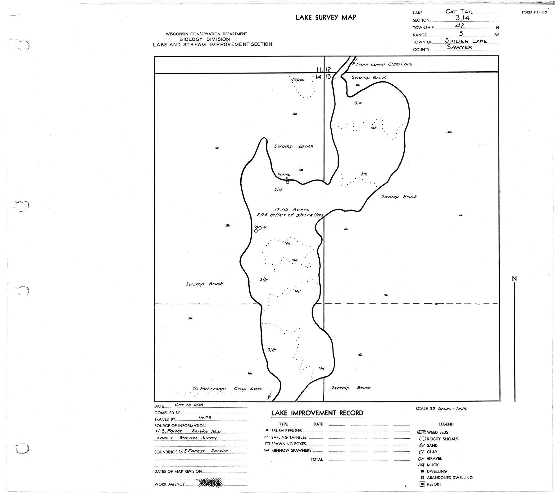 Cattail Lake historical Wisconsin DNR depth map sheet 1