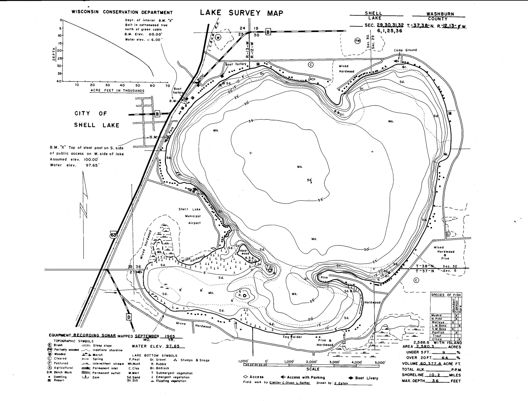 Shell Lake historical Wisconsin DNR depth map sheet 1