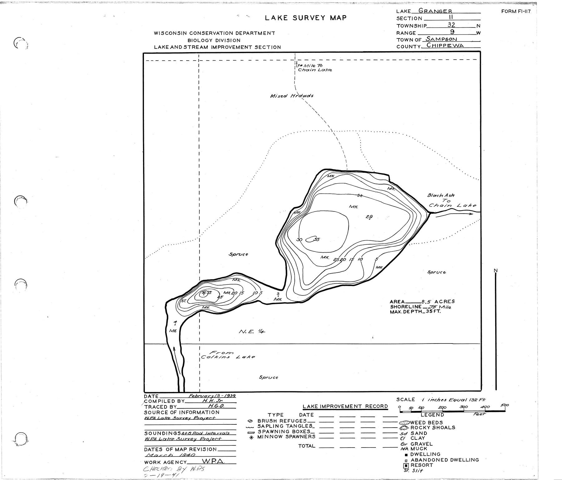 Granger Lake historical Wisconsin DNR depth map sheet 1