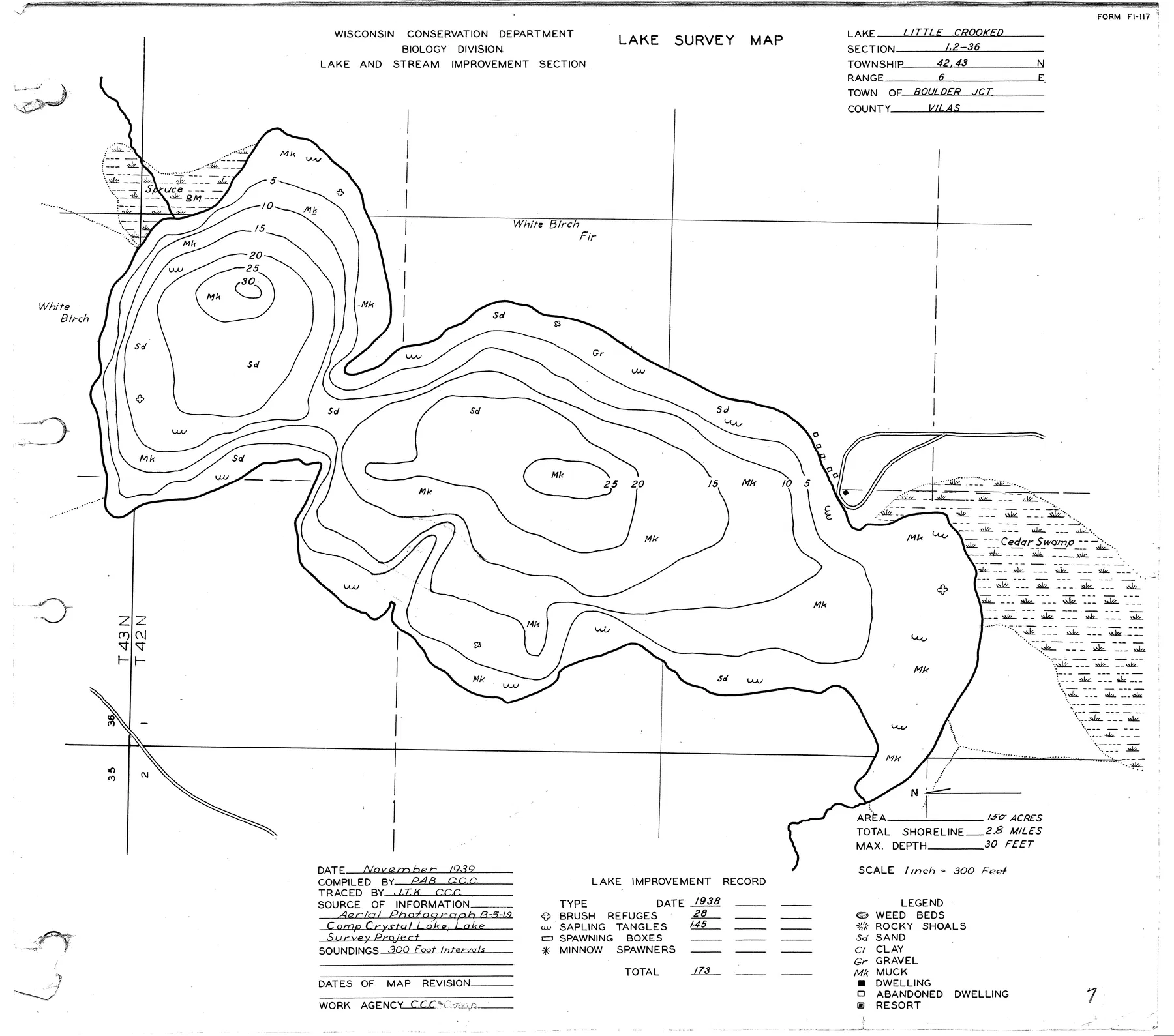 Little Crooked Lake historical Wisconsin DNR depth map sheet 1