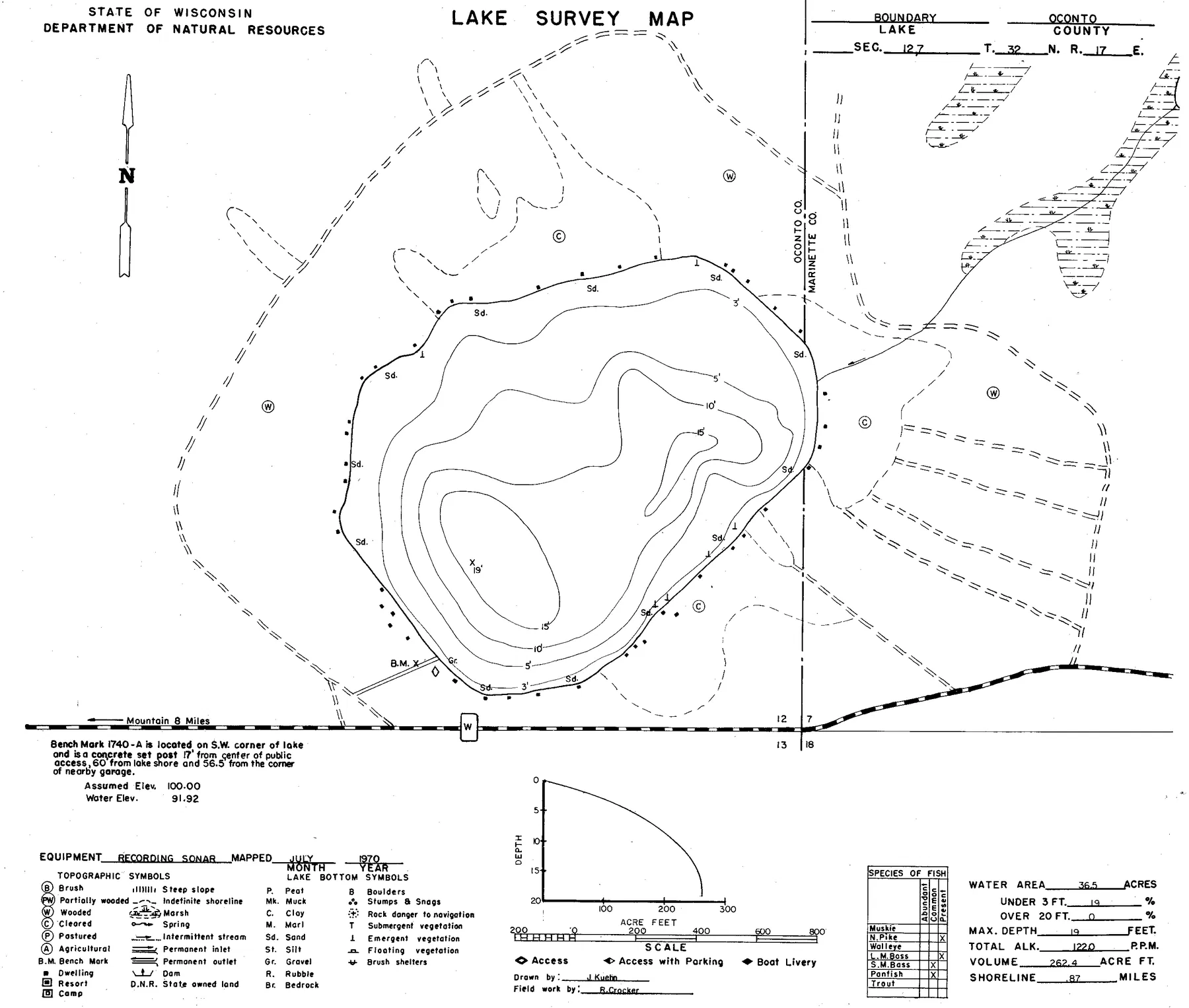 Boundary Lake historical Wisconsin DNR depth map sheet 1
