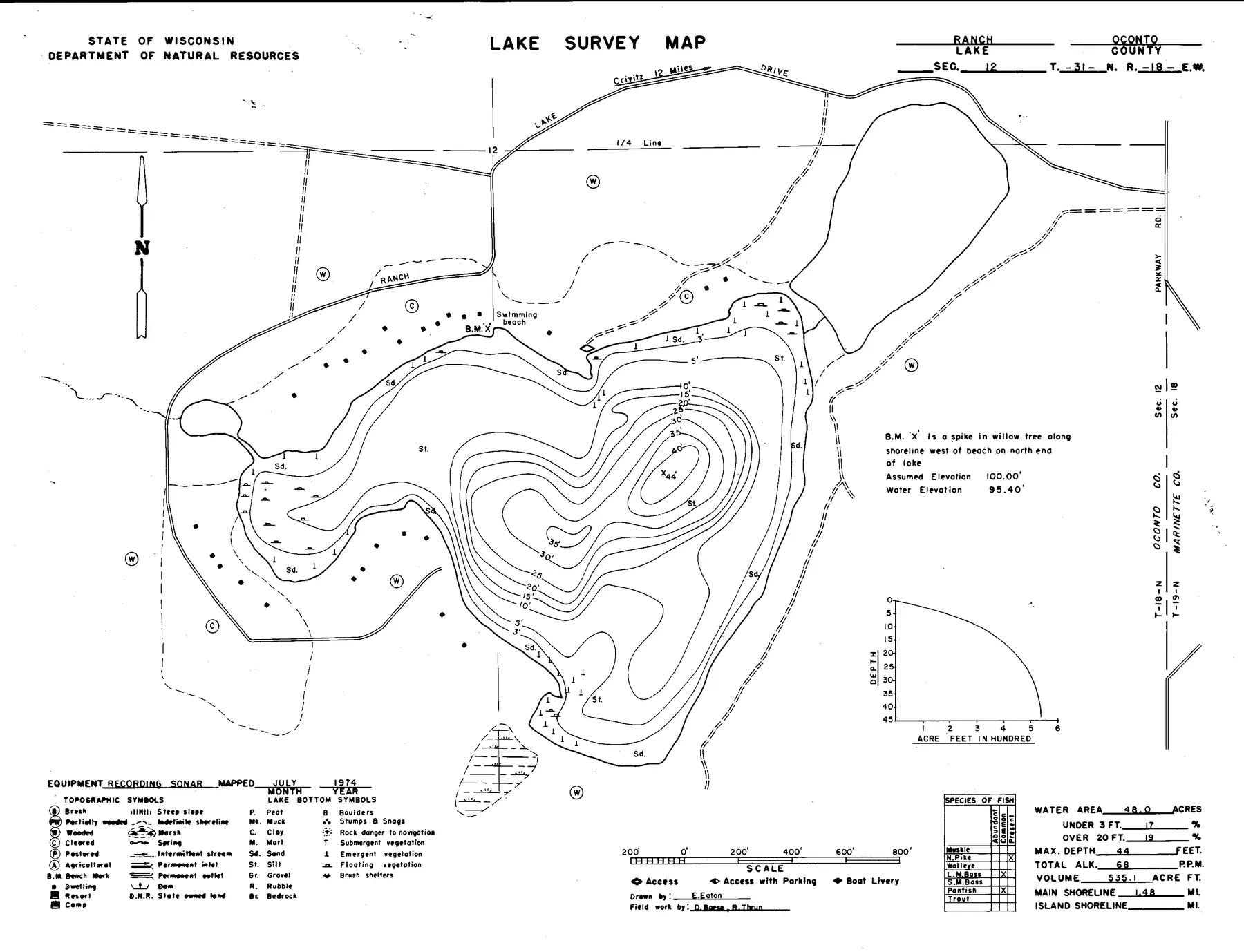 Ranch Lake historical Wisconsin DNR depth map sheet 1