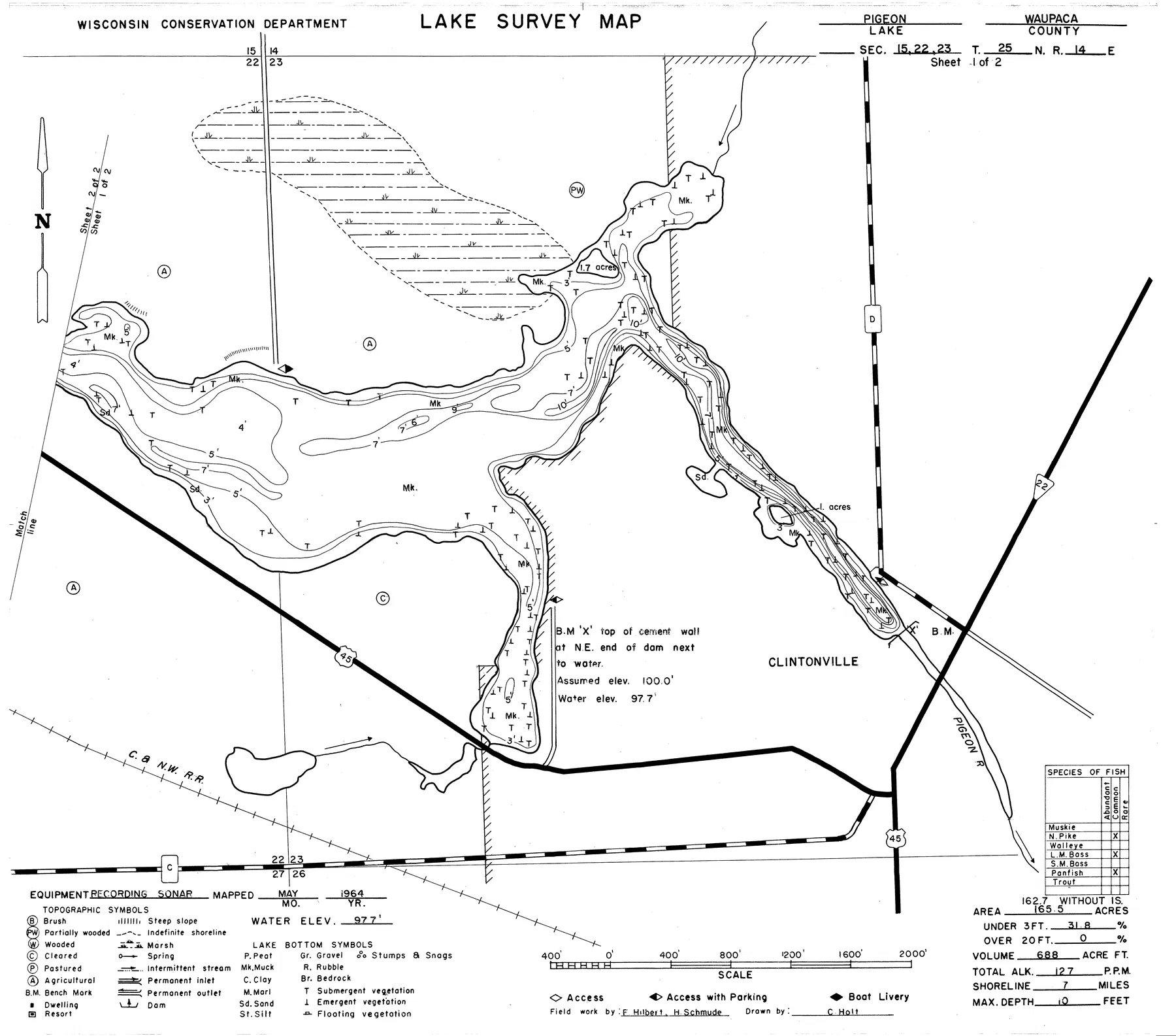 Pigeon Lake historical Wisconsin DNR depth map sheet 1