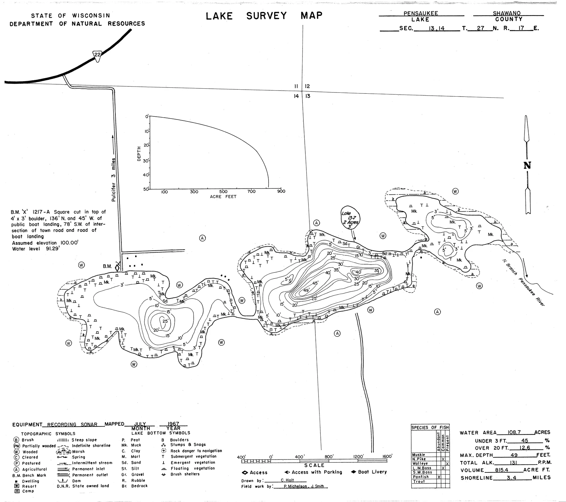 Pensaukee Lakes historical Wisconsin DNR depth map sheet 1