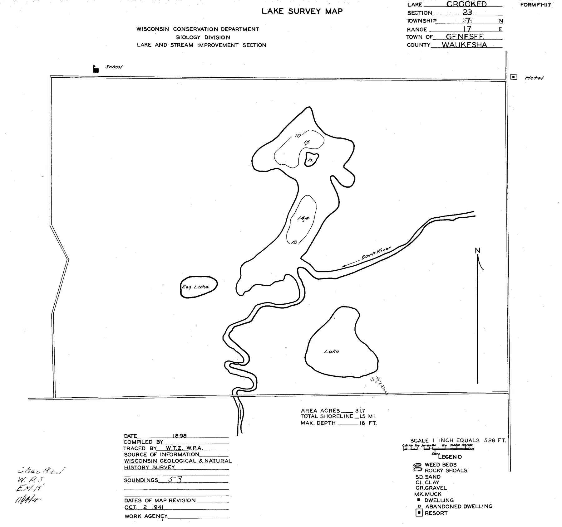 Crooked Lake historical Wisconsin DNR depth map sheet 1
