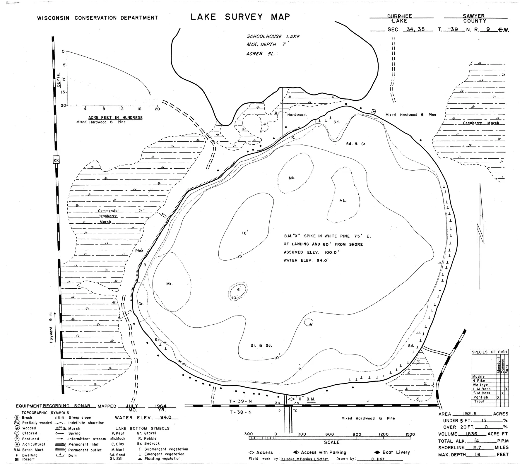 Durphee Lake historical Wisconsin DNR depth map sheet 1