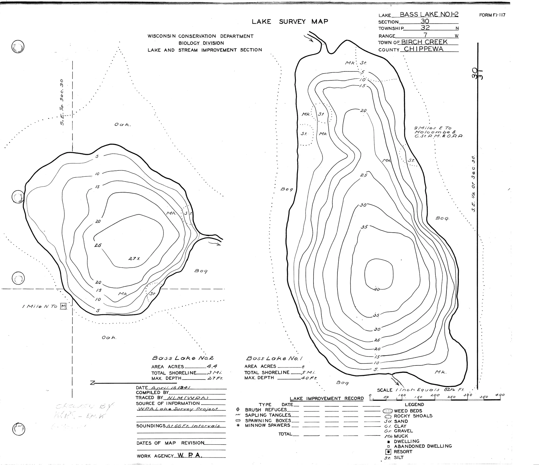Bass Lake historical Wisconsin DNR depth map sheet 1
