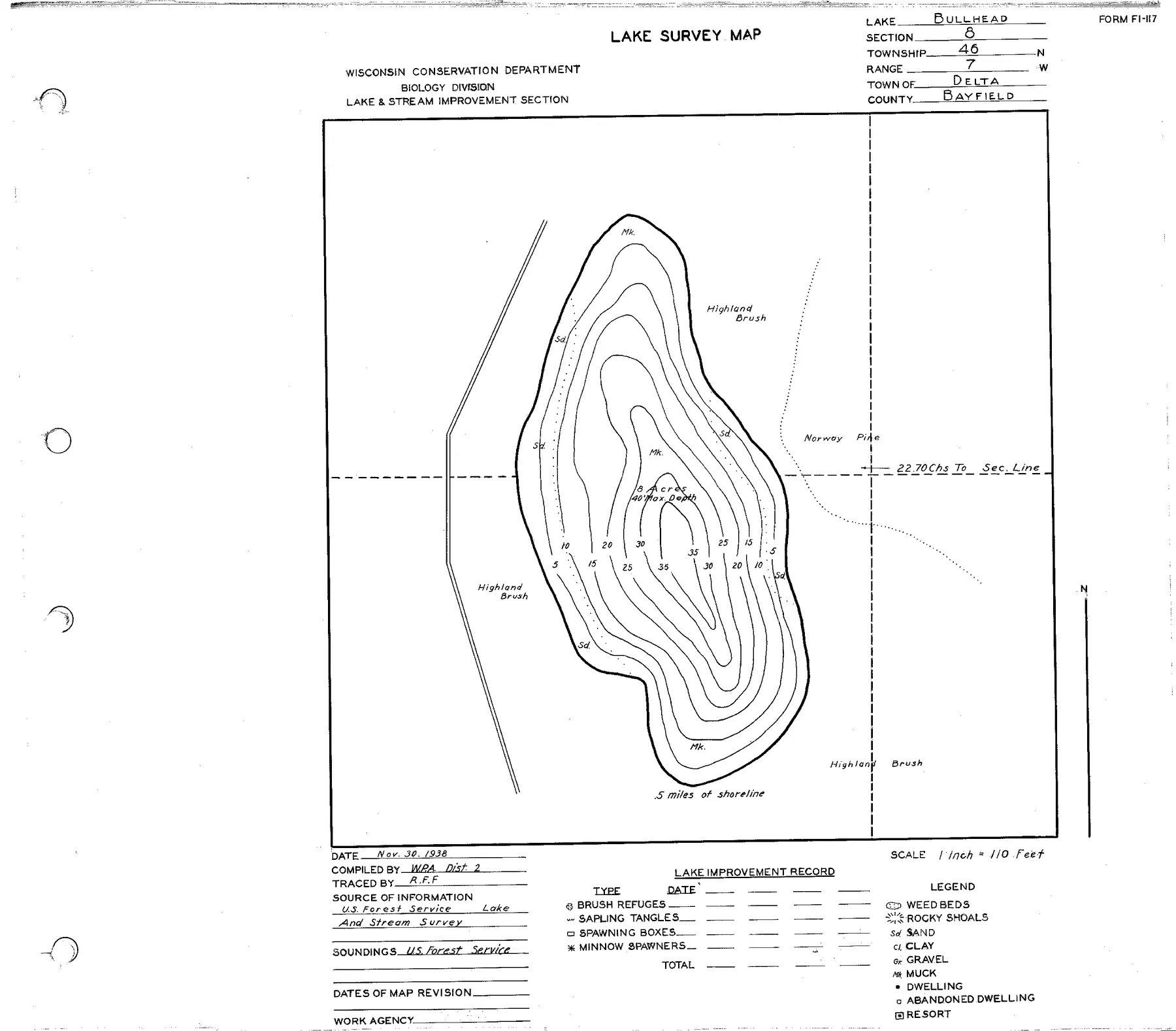 Lake Bullhead historical Wisconsin DNR depth map sheet 1