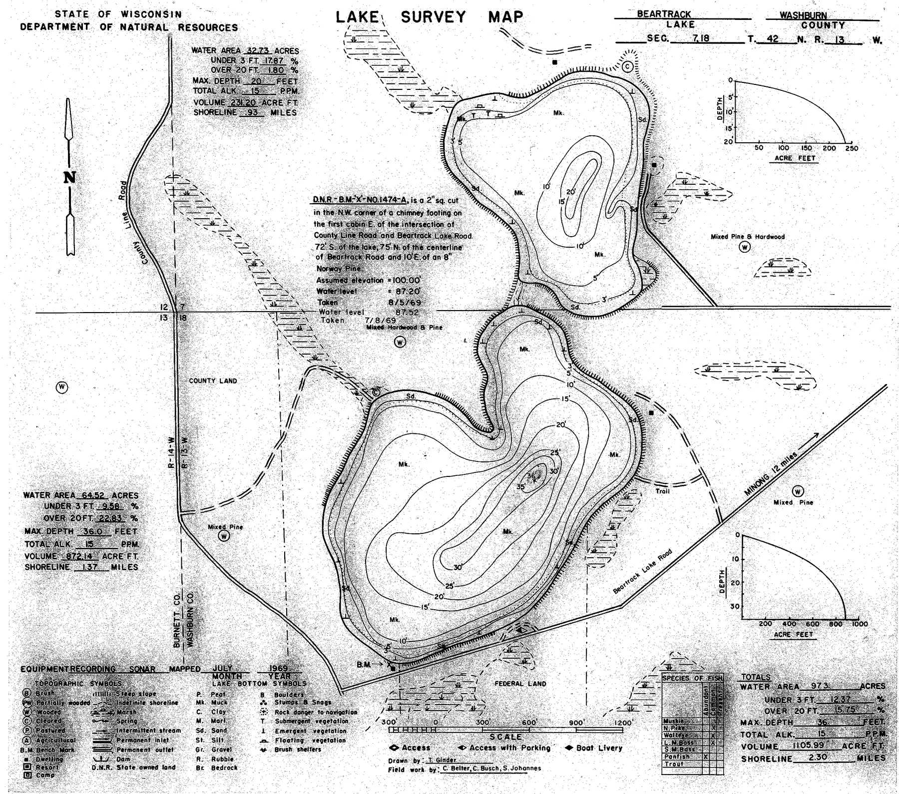 Beartrack Lake historical Wisconsin DNR depth map sheet 1