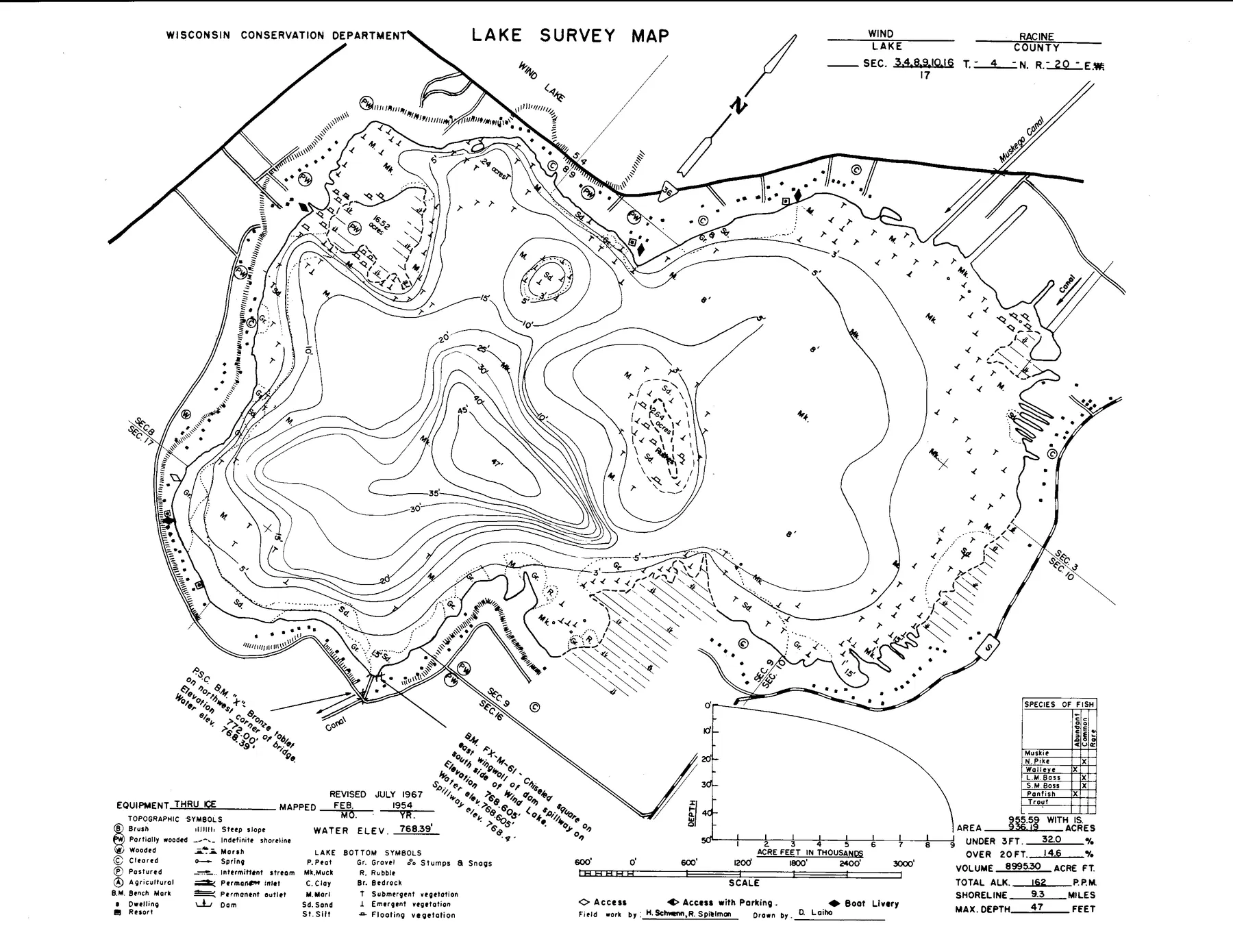 Wind Lake historical Wisconsin DNR depth map sheet 1