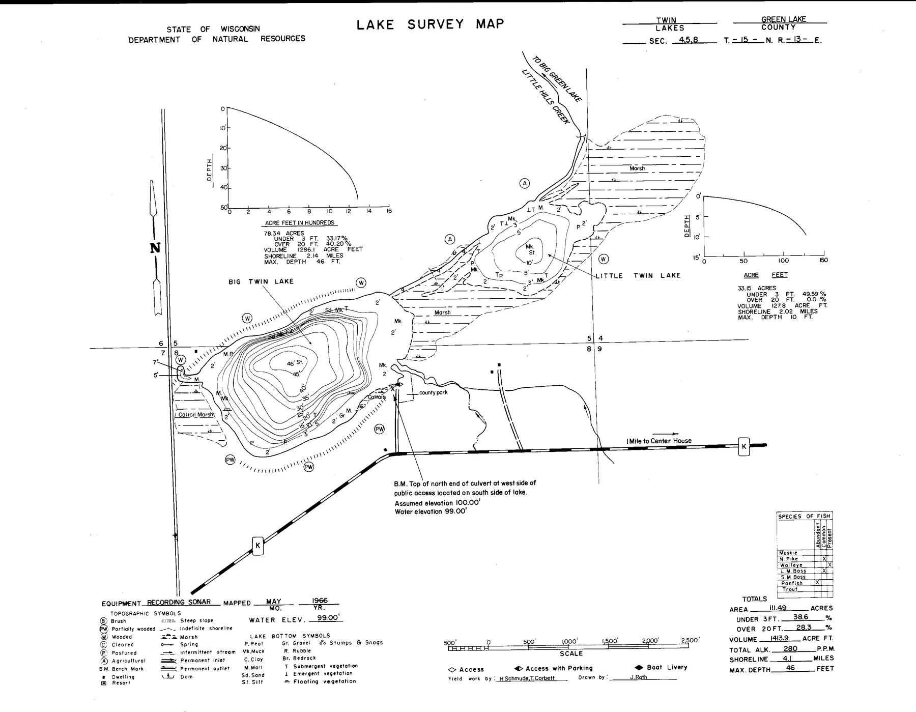 Big Twin Lake historical Wisconsin DNR depth map sheet 1