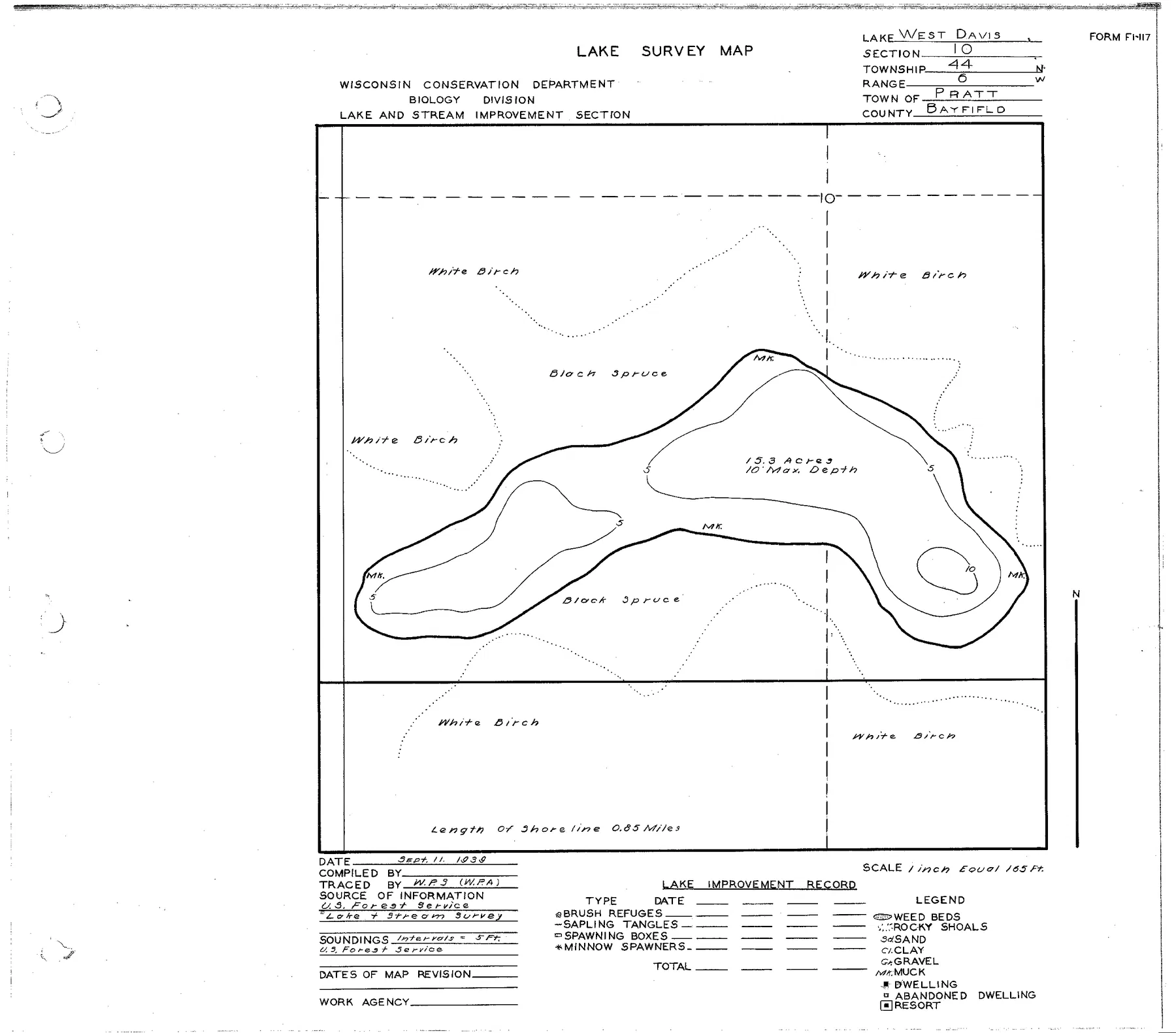 West Davis Lake historical Wisconsin DNR depth map sheet 1