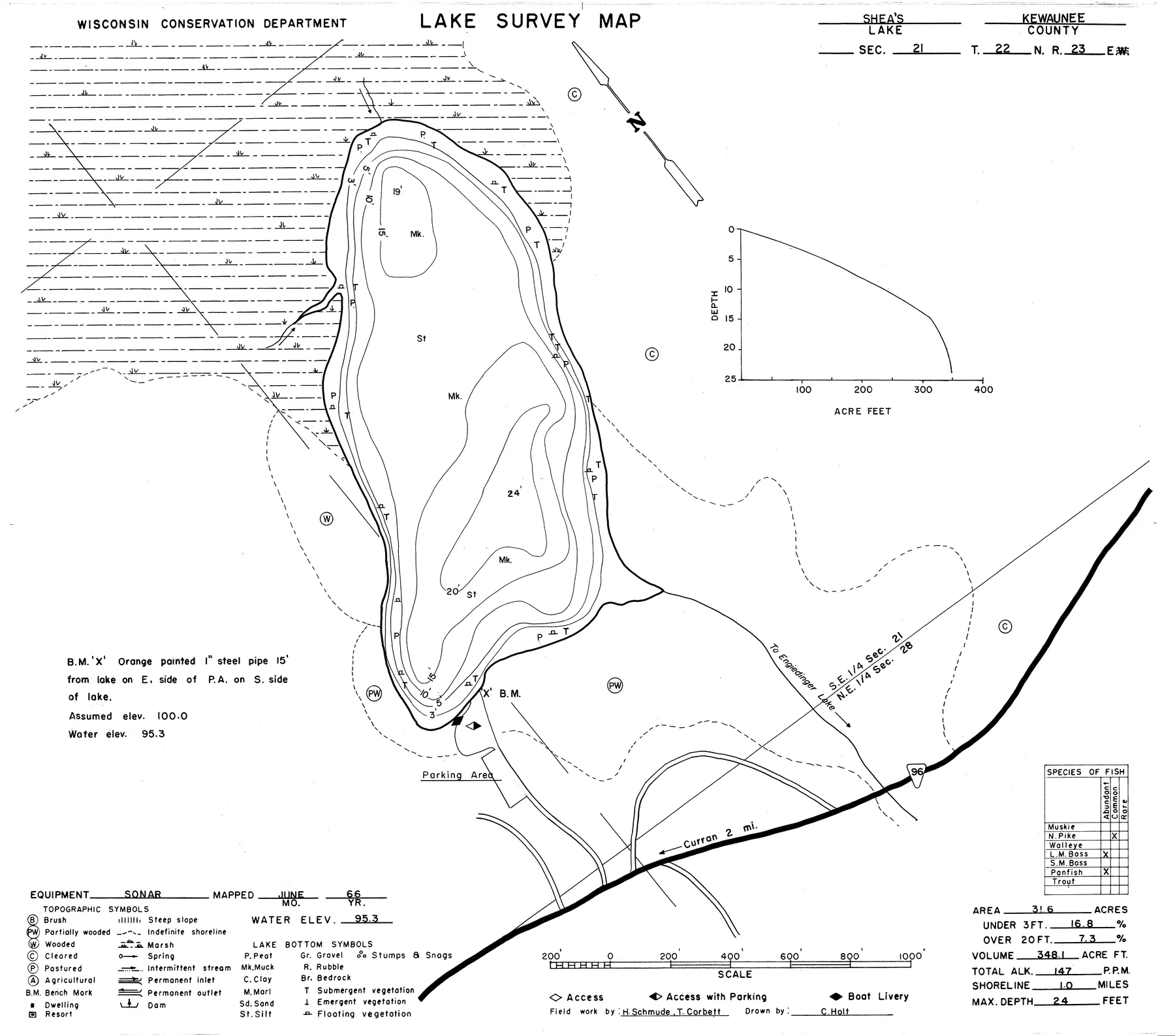 Shea Lake historical Wisconsin DNR depth map sheet 1