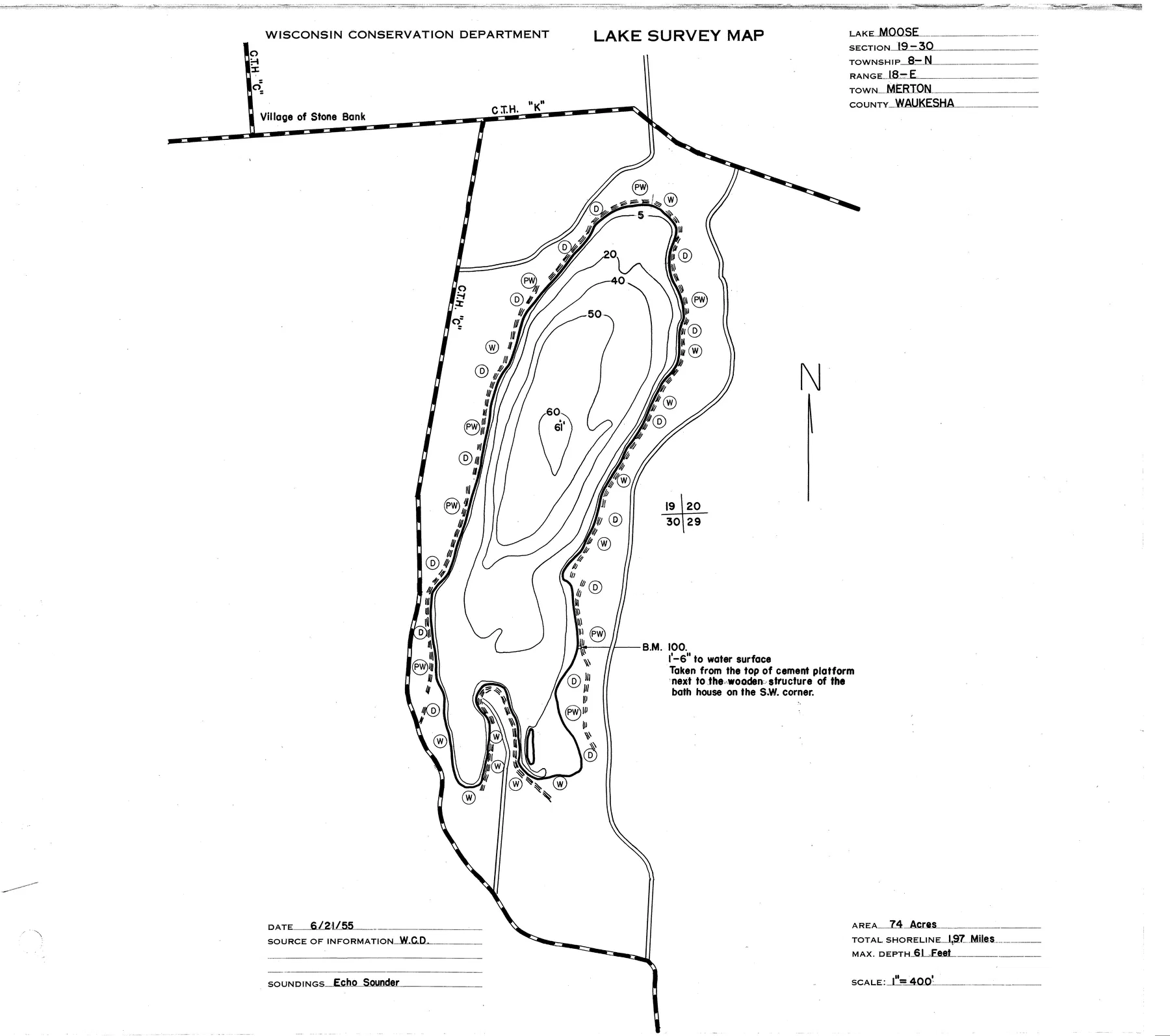 Moose Lake historical Wisconsin DNR depth map sheet 1