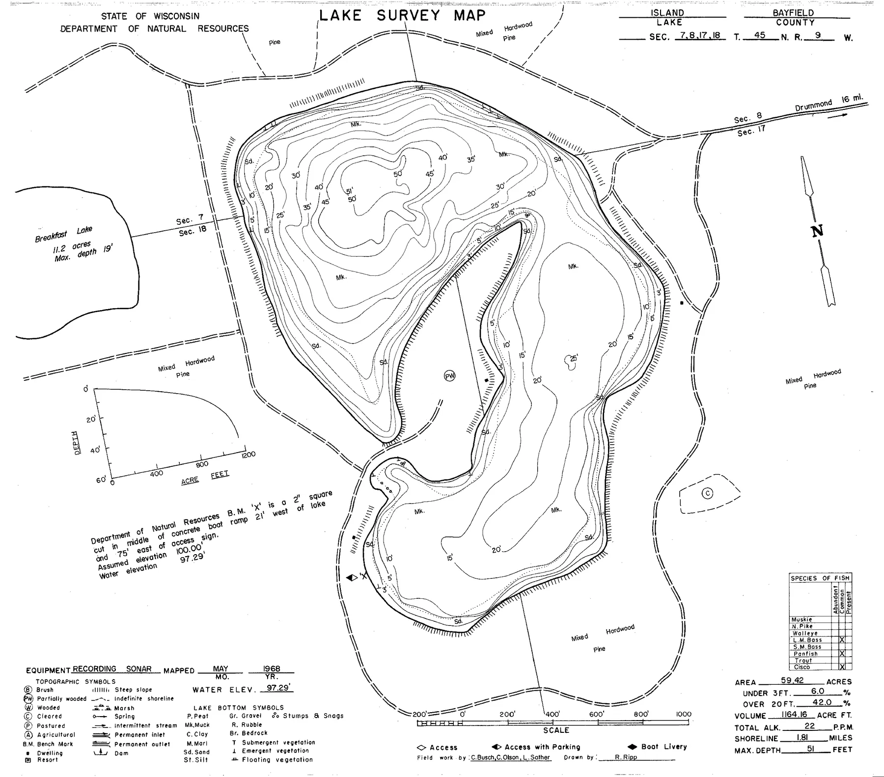 Island Lake historical Wisconsin DNR depth map sheet 1
