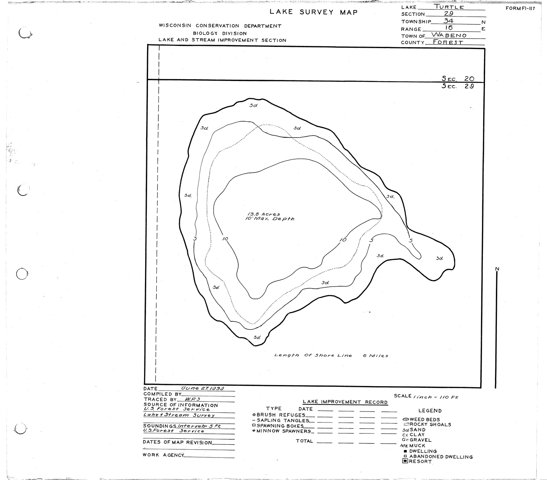 Turtle Lake historical Wisconsin DNR depth map sheet 1