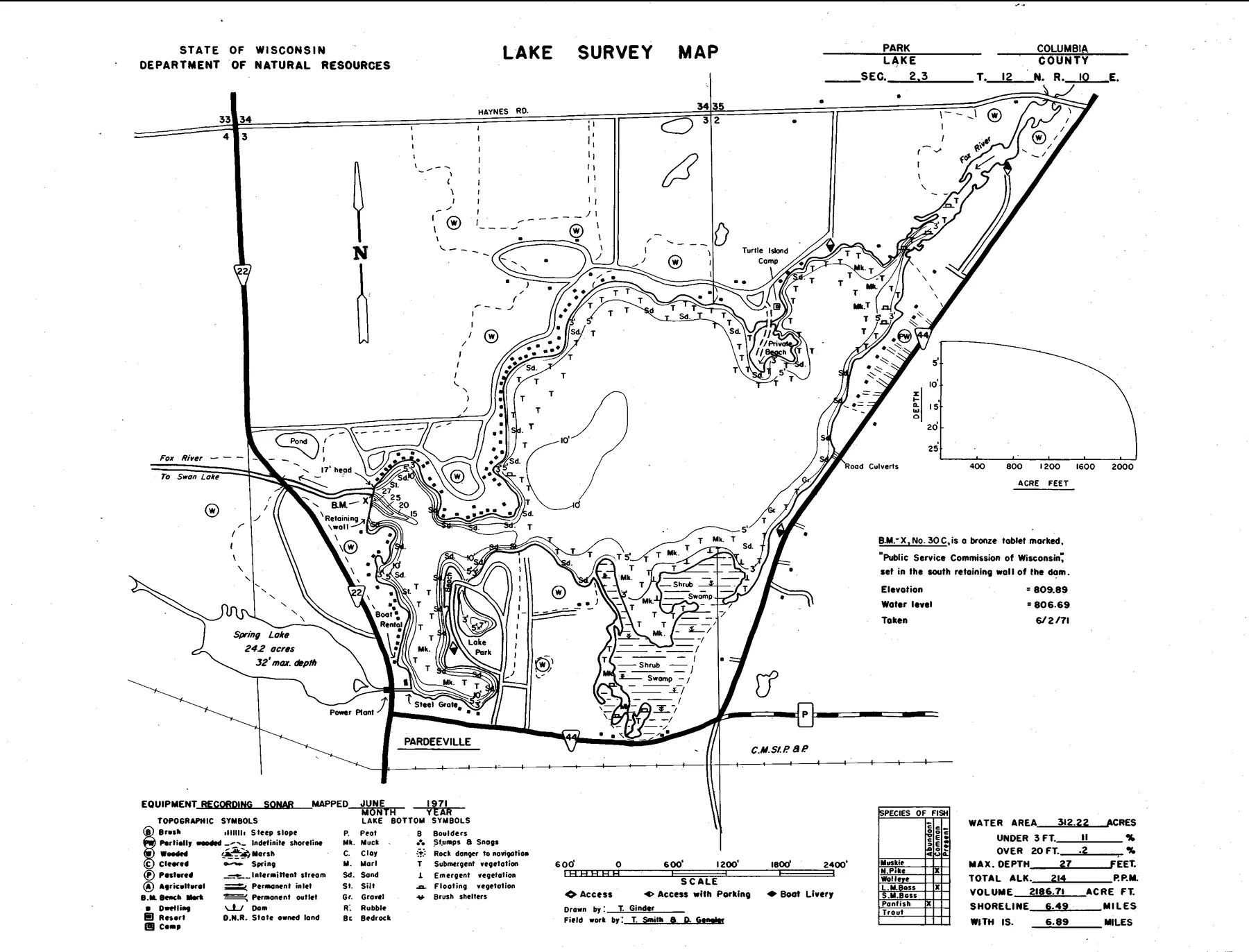 Park Lake historical Wisconsin DNR depth map sheet 1